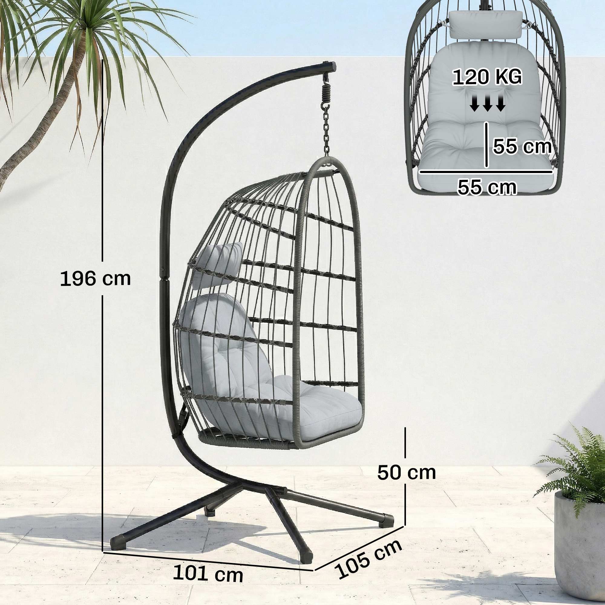 Hanging Egg Chair with Stand, Metal Frame and Adjustable Height, Dark Grey - Image 5
