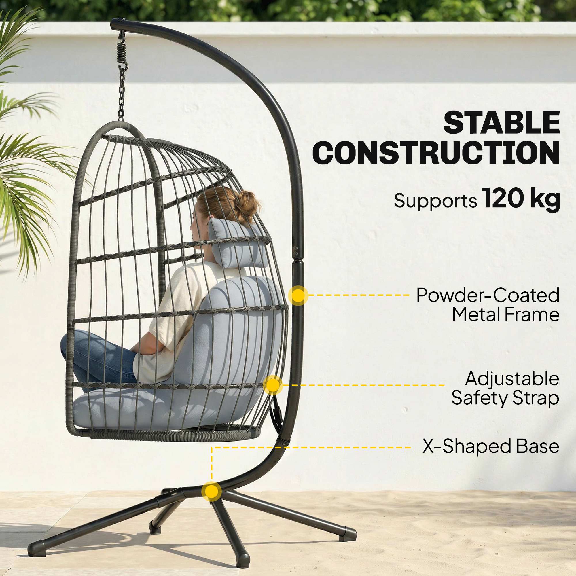 Hanging Egg Chair with Stand, Metal Frame and Adjustable Height, Dark Grey - Image 6