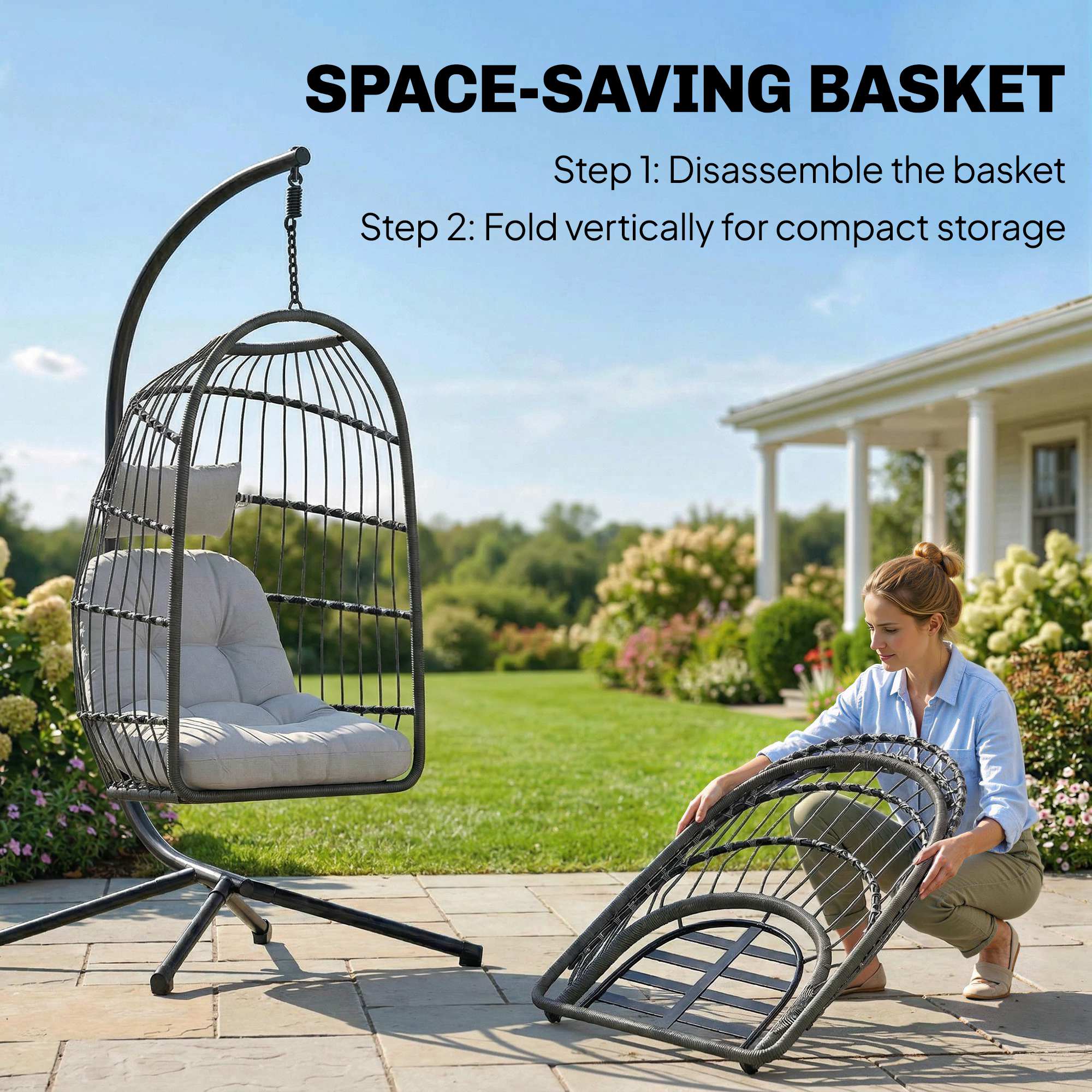 Hanging Egg Chair with Stand, Metal Frame and Adjustable Height, Dark Grey - Image 7