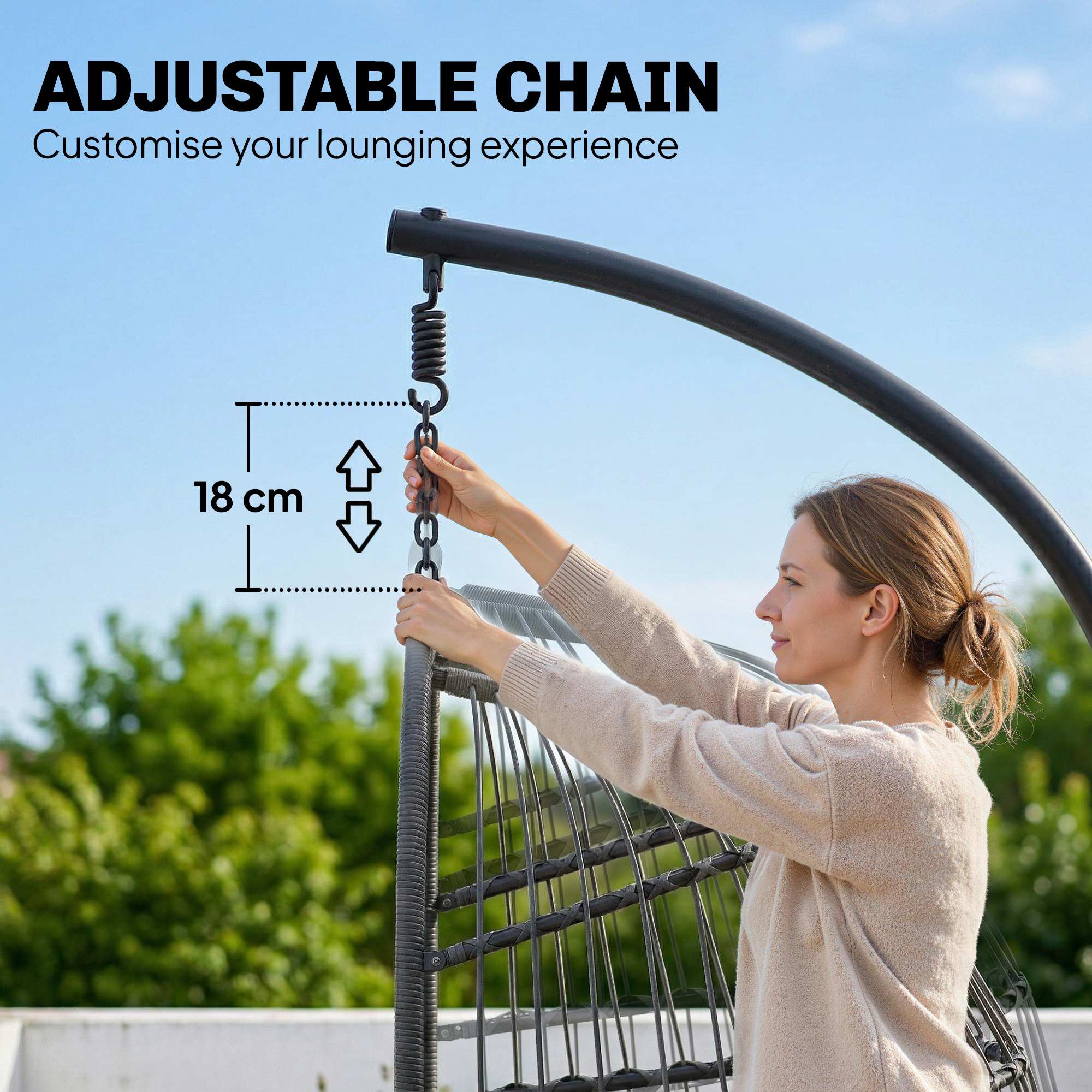 Hanging Egg Chair with Stand, Metal Frame and Adjustable Height, Dark Grey - Image 9