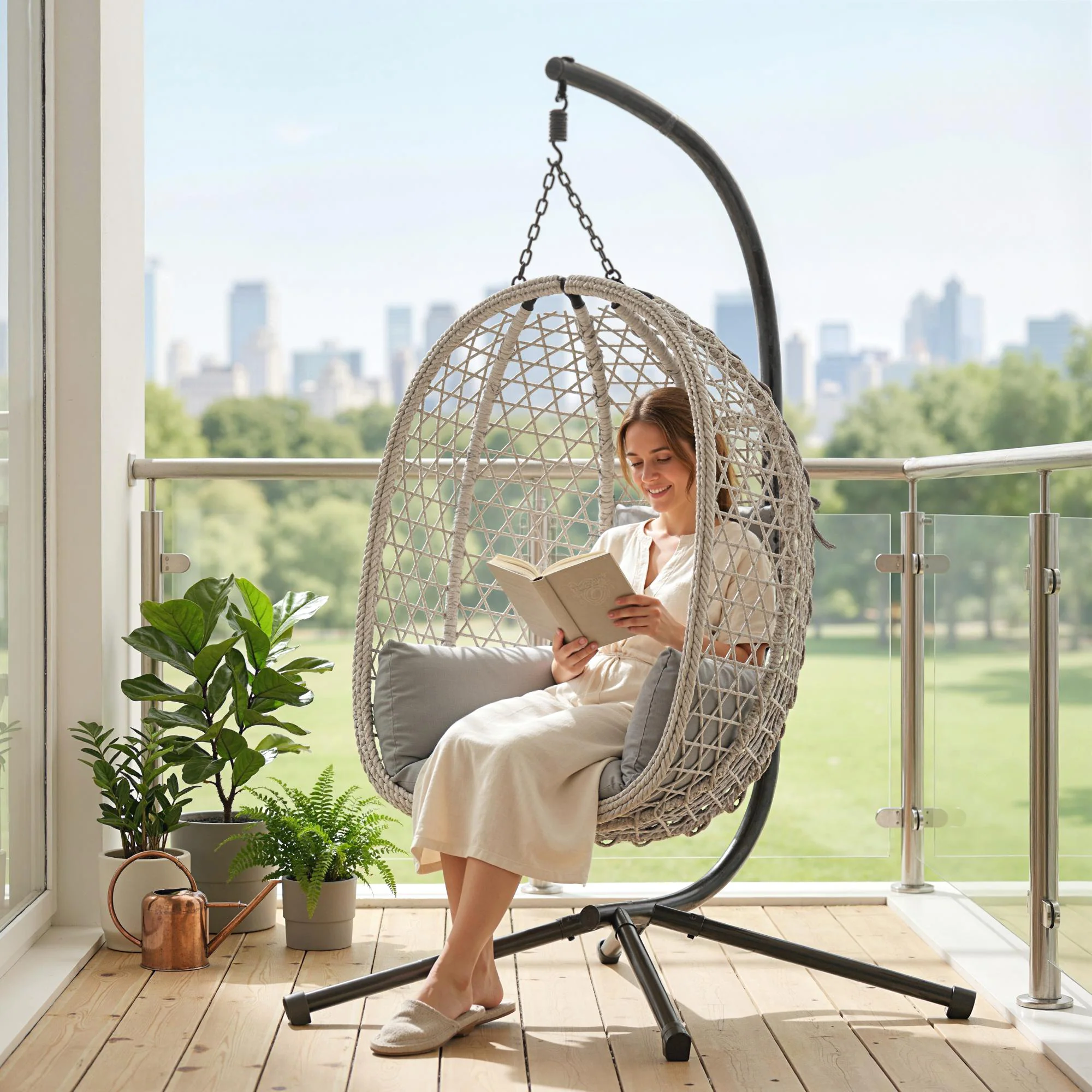 Hanging Egg Chair with Stand, Rattan Hammock, Thick Cushion, Light Grey - Image 11
