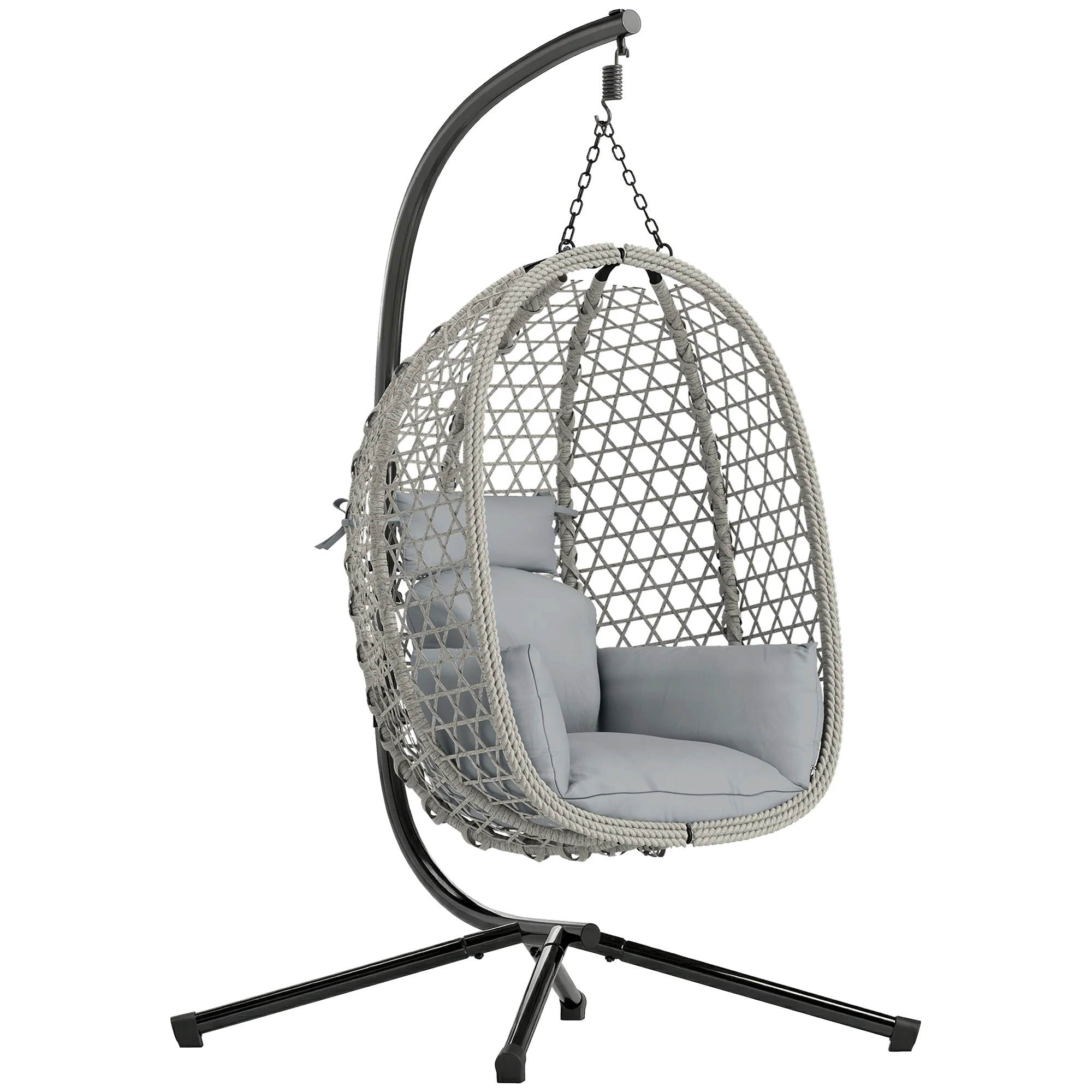 Hanging Egg Chair with Stand, Rattan Hammock, Thick Cushion, Light Grey - Image 12