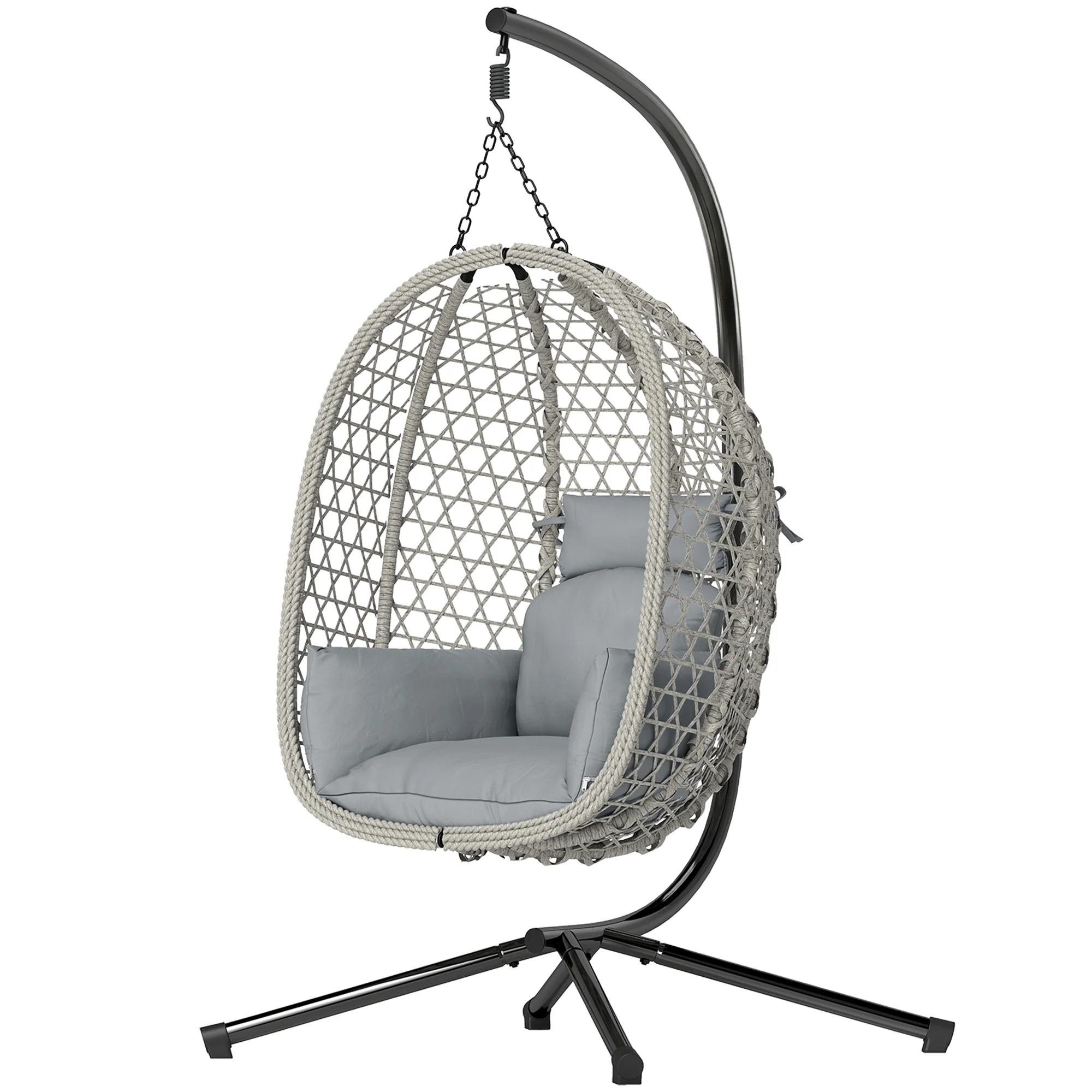 Hanging Egg Chair with Stand, Rattan Hammock, Thick Cushion, Light Grey - Image 2