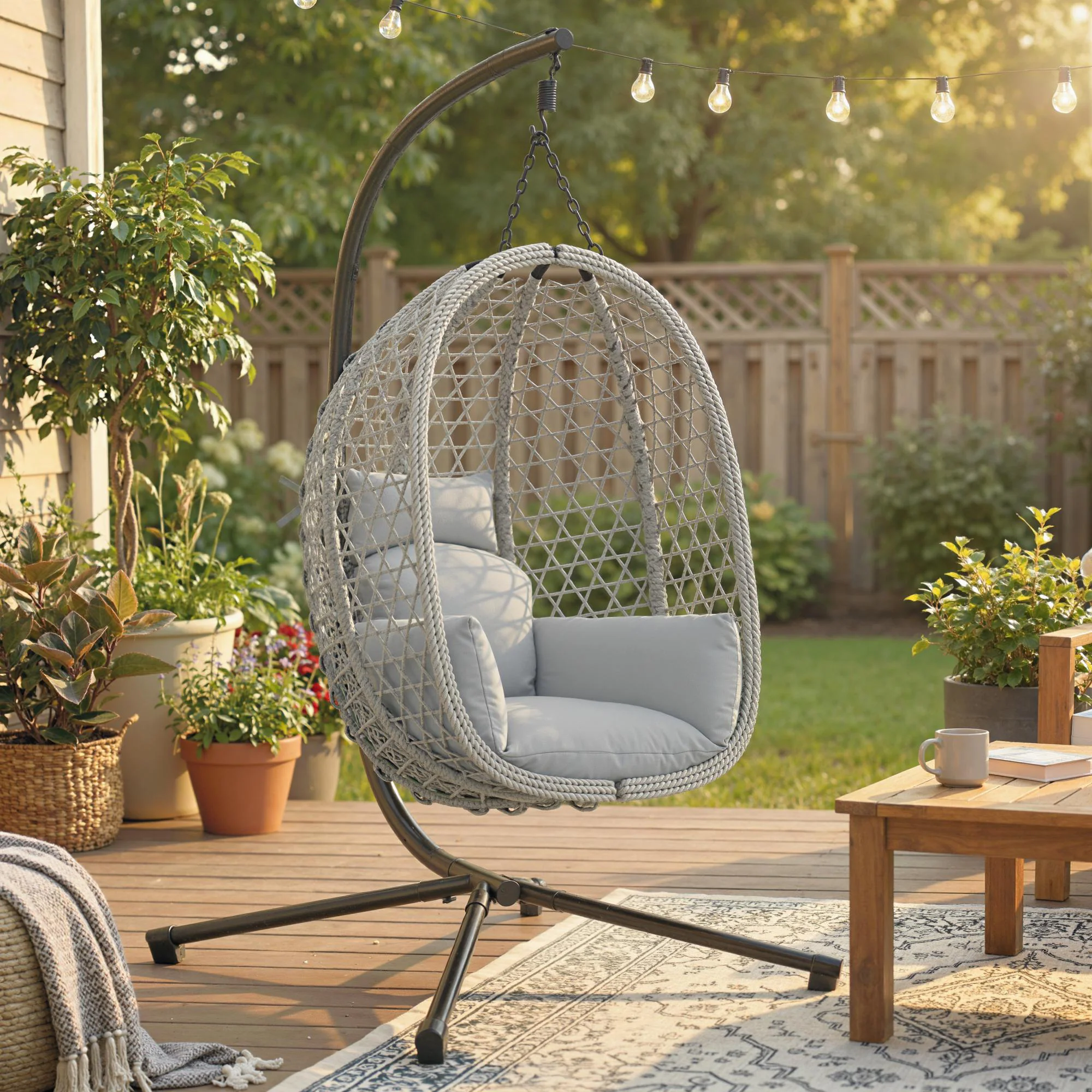 Hanging Egg Chair with Stand, Rattan Hammock, Thick Cushion, Light Grey - Image 3