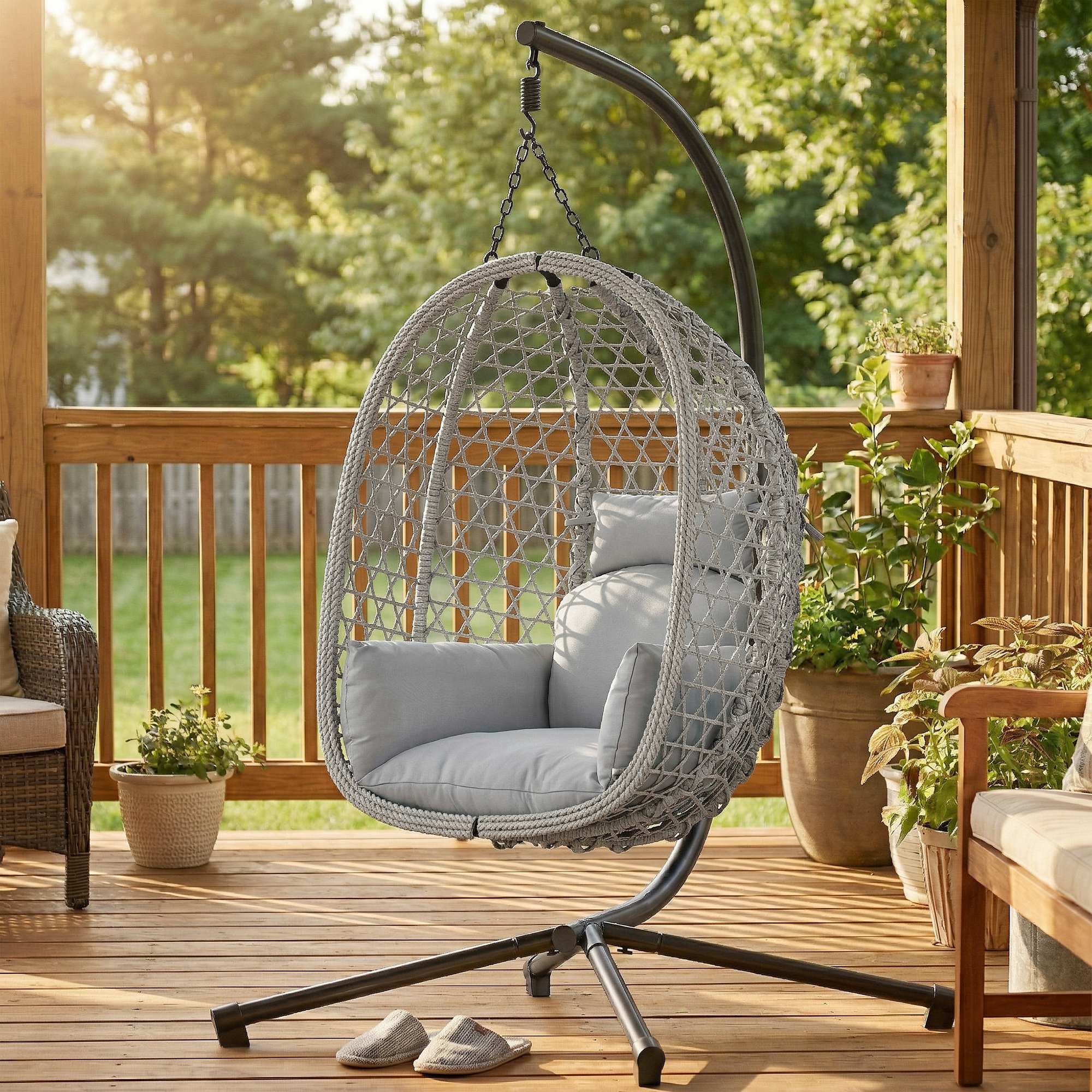 Hanging Egg Chair with Stand, Rattan Hammock, Thick Cushion, Light Grey - Image 4