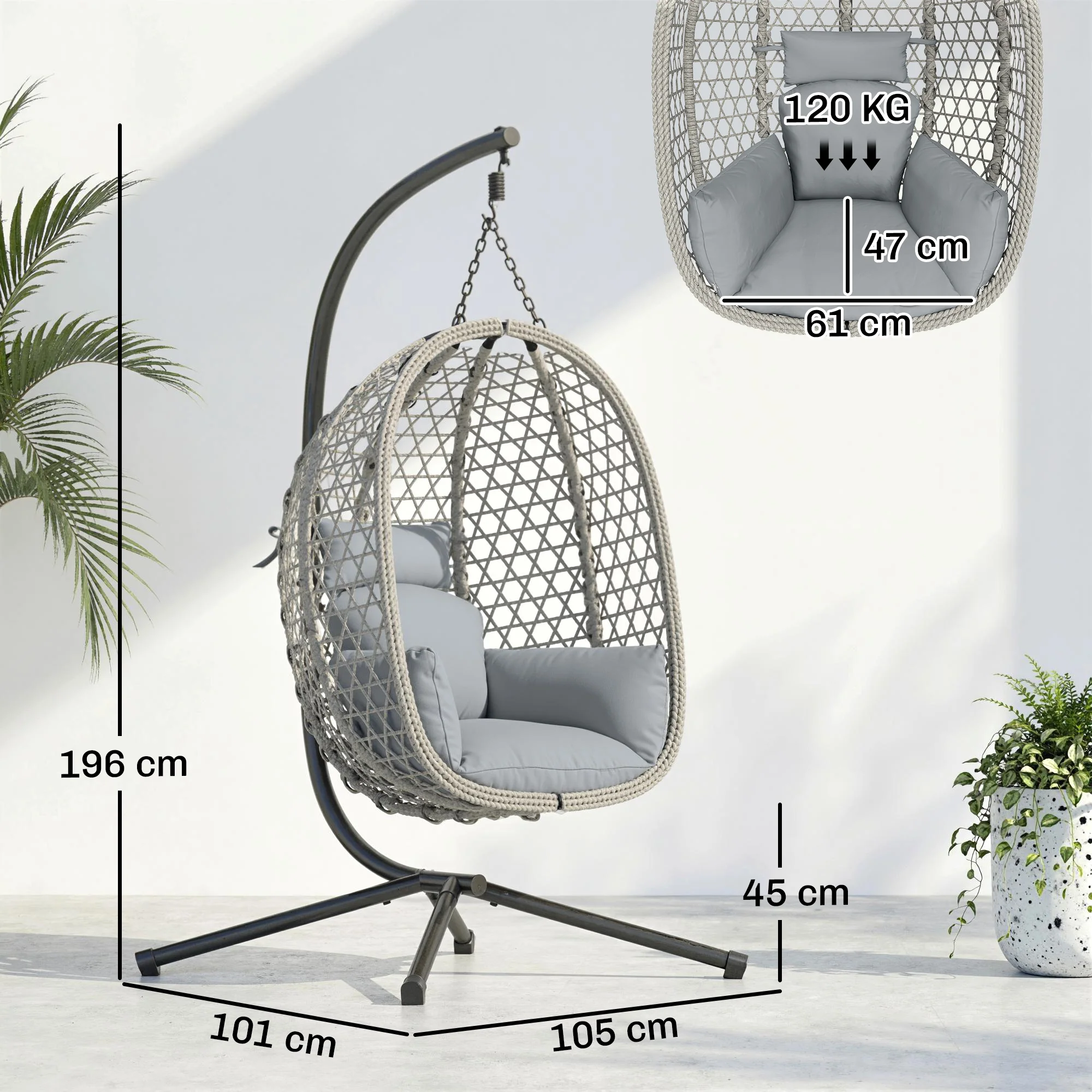 Hanging Egg Chair with Stand, Rattan Hammock, Thick Cushion, Light Grey - Image 5