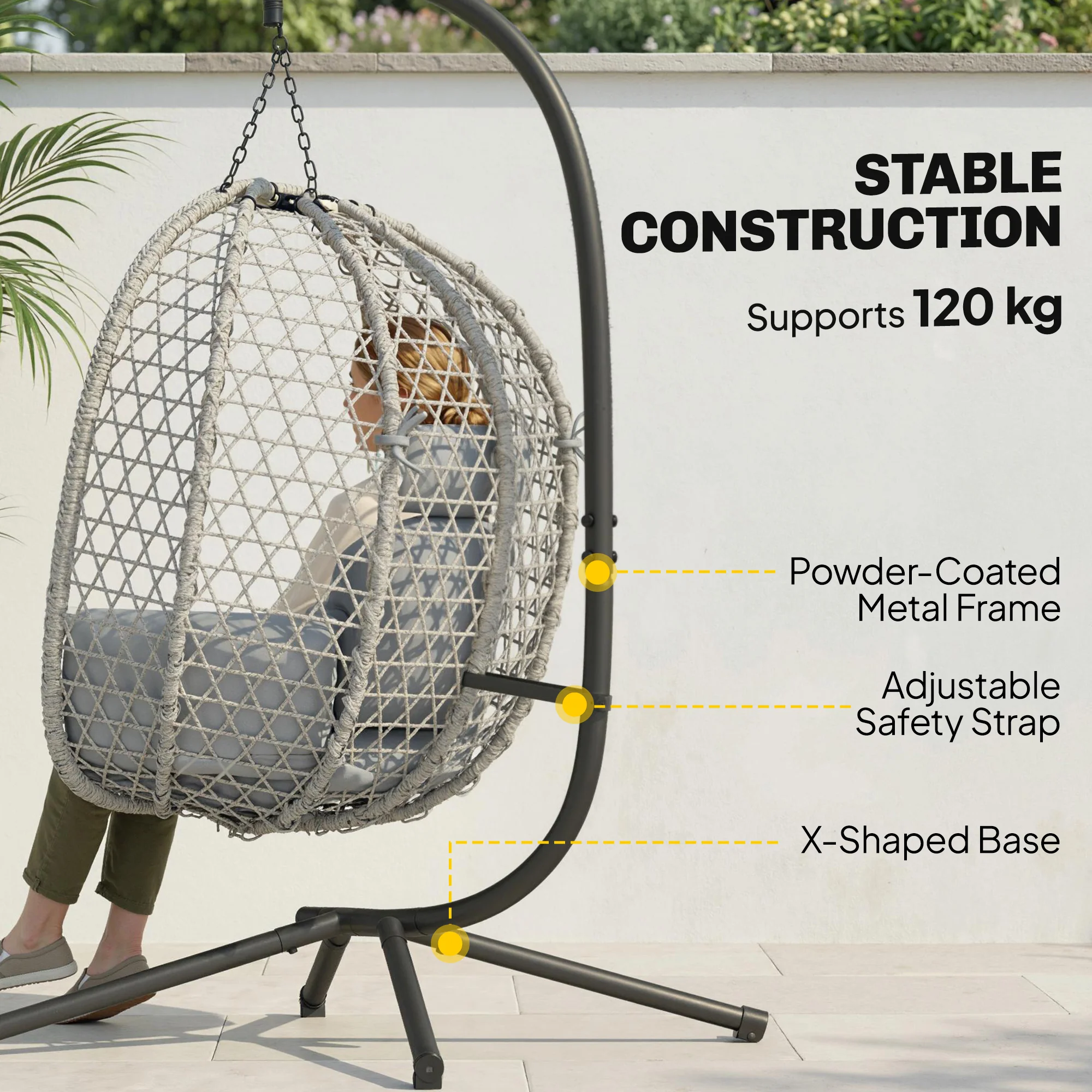 Hanging Egg Chair with Stand, Rattan Hammock, Thick Cushion, Light Grey - Image 6
