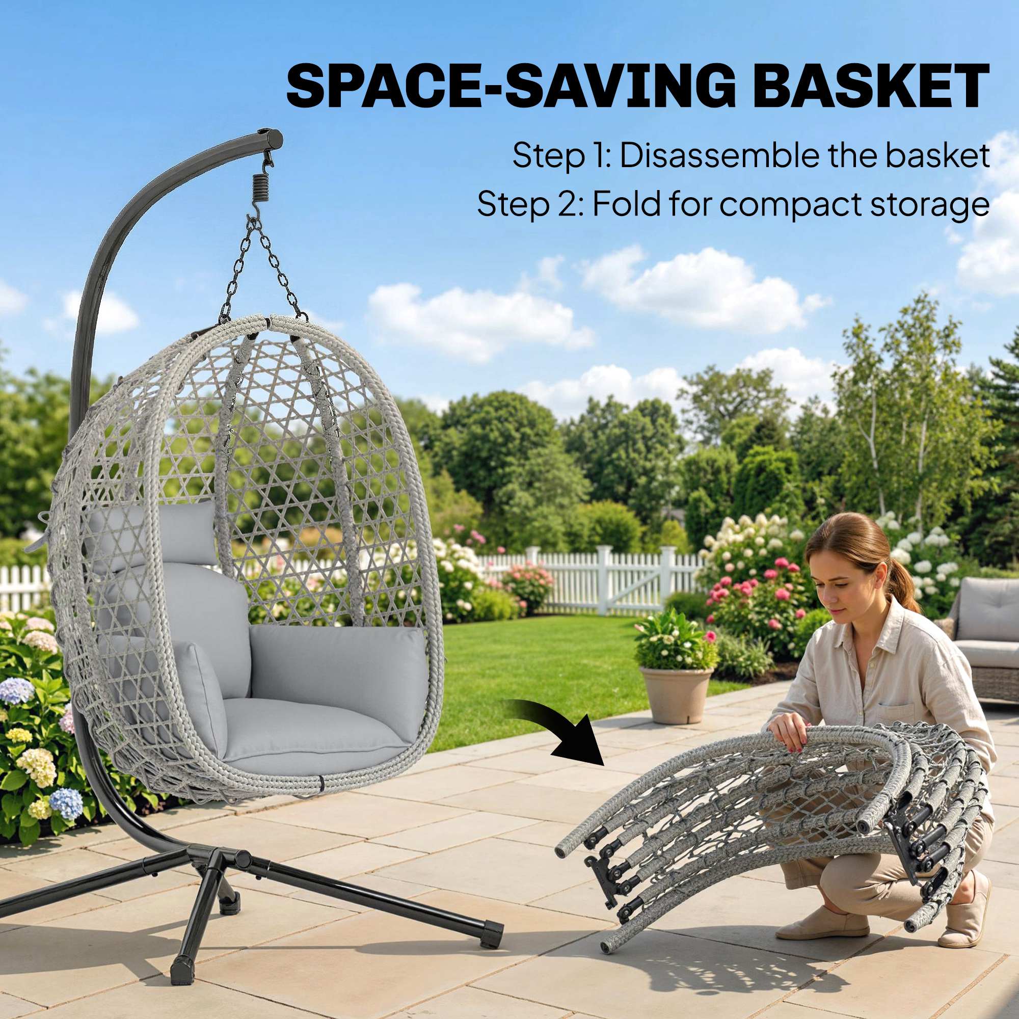 Hanging Egg Chair with Stand, Rattan Hammock, Thick Cushion, Light Grey - Image 7