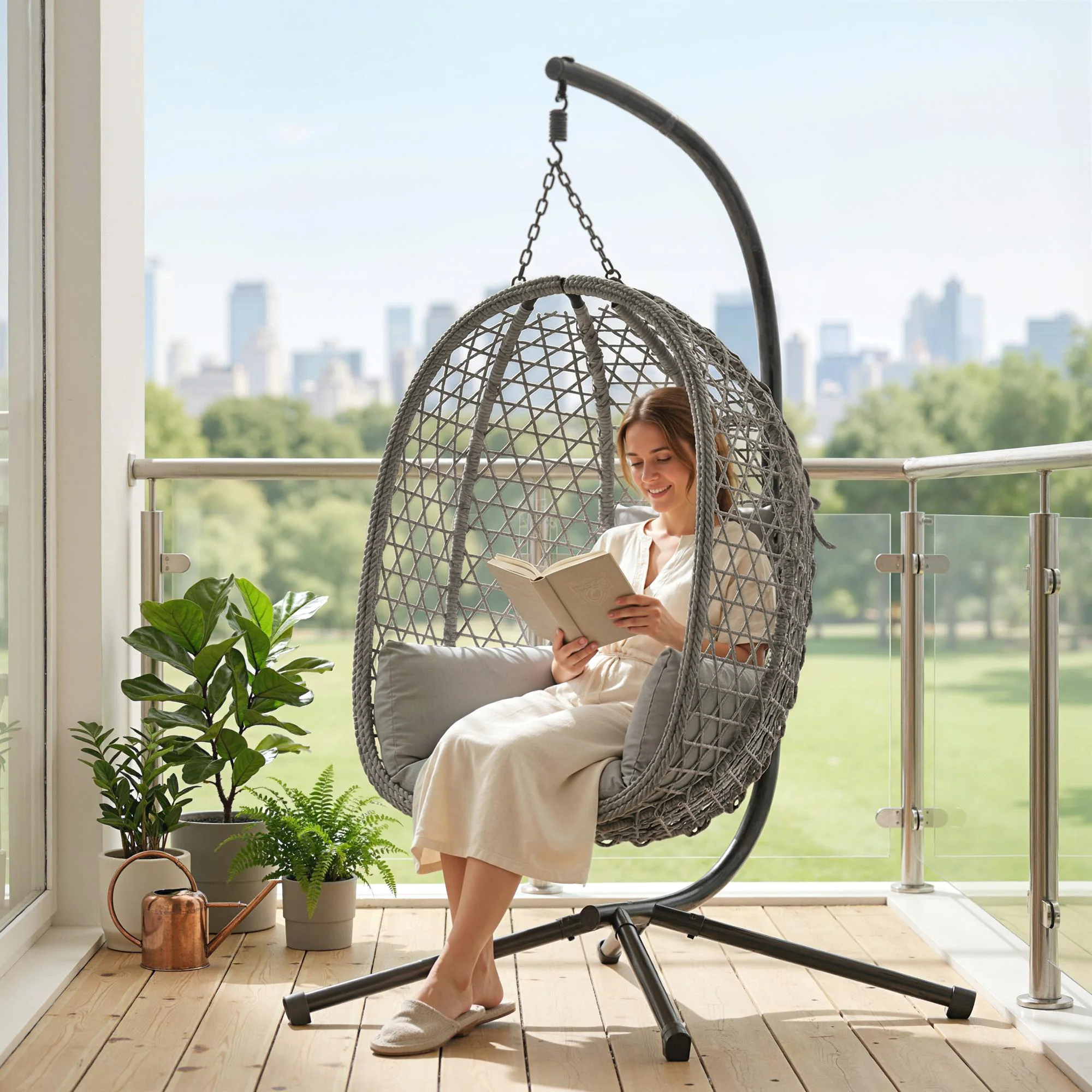 Hanging Egg Chair, Rattan with Stand, Safety Strap & Foldable Basket, Dark Grey - Image 11
