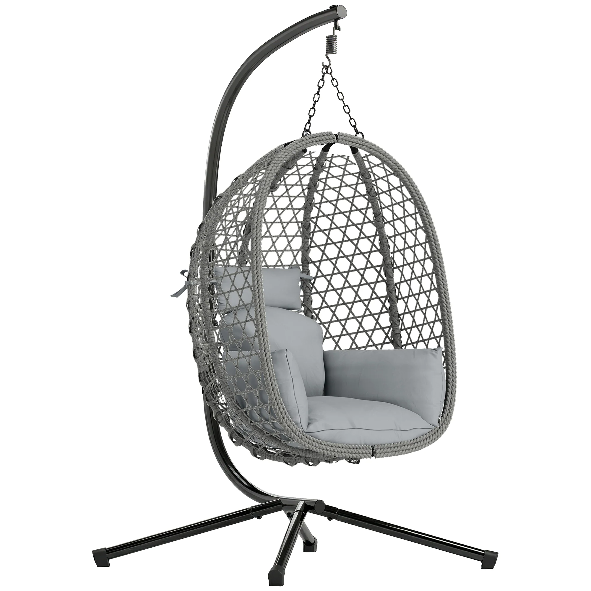 Hanging Egg Chair, Rattan with Stand, Safety Strap & Foldable Basket, Dark Grey - Image 12