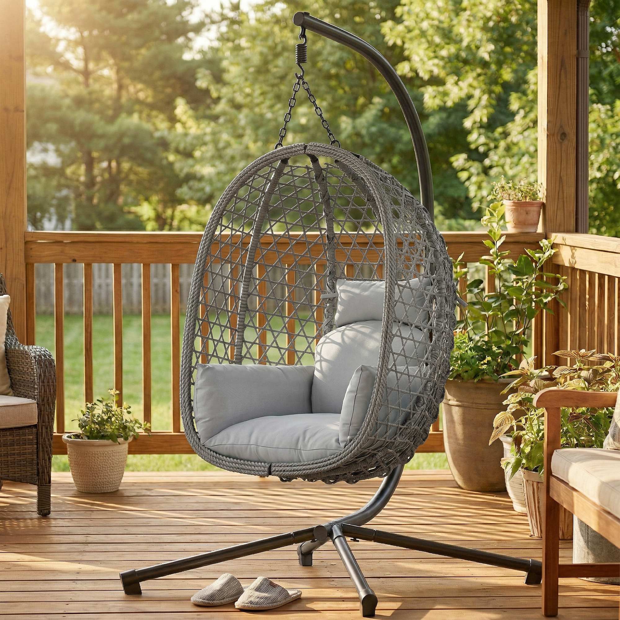 Hanging Egg Chair, Rattan with Stand, Safety Strap & Foldable Basket, Dark Grey - Image 4