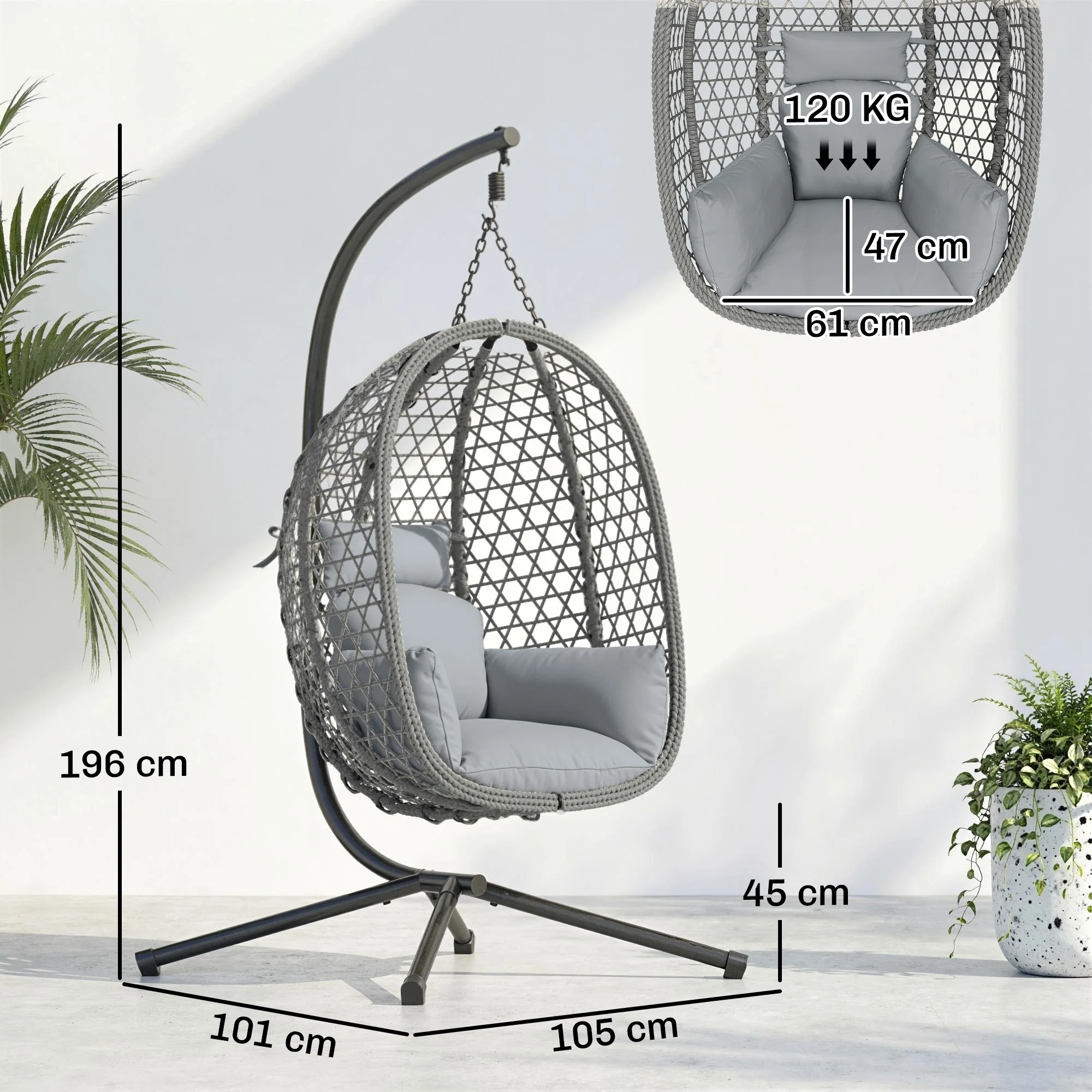 Hanging Egg Chair, Rattan with Stand, Safety Strap & Foldable Basket, Dark Grey - Image 5