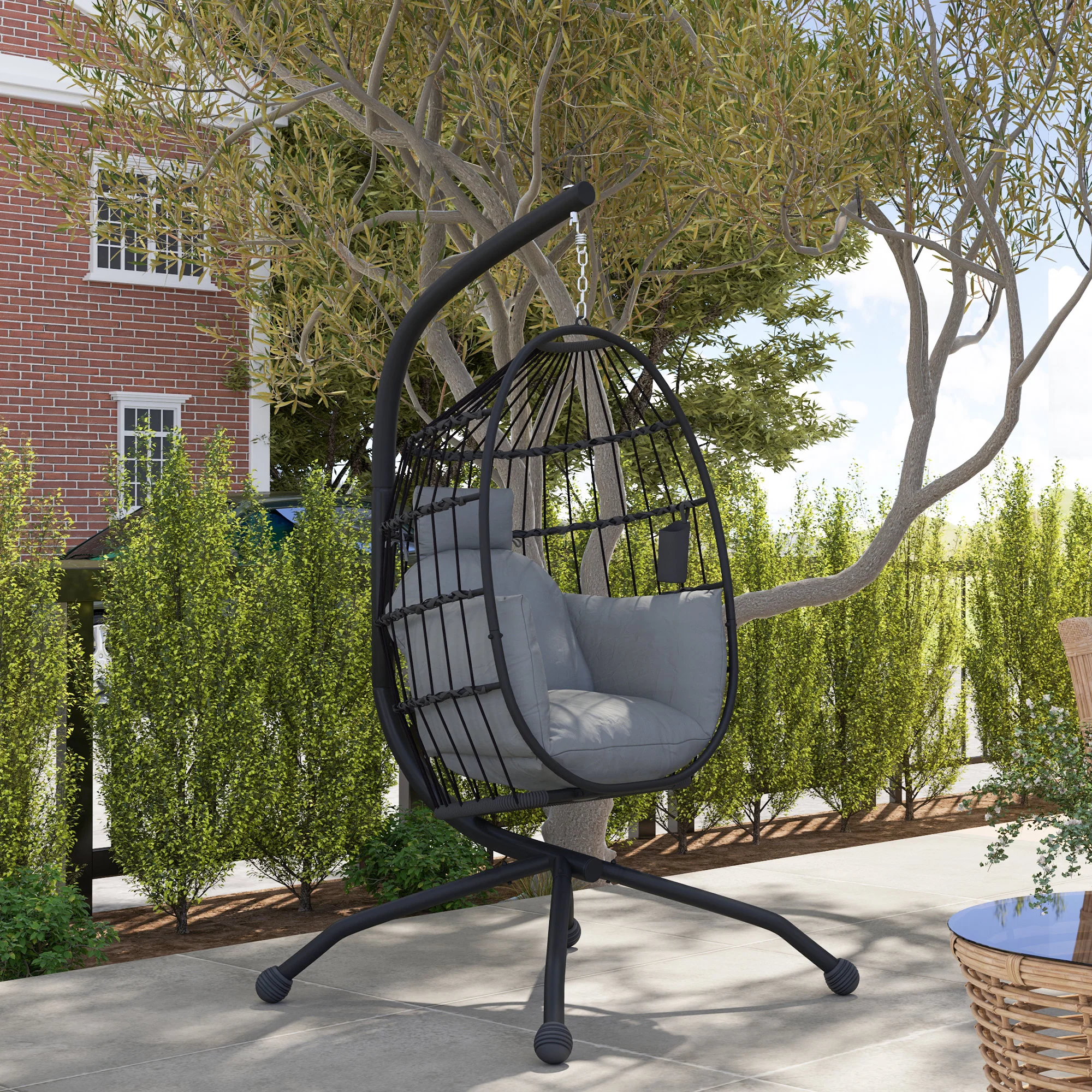 Hanging Egg Chair Outdoor Indoor Garden Swing Chair with Folding Basket and Thickened Cushion, Garden Hanging Chair with Stand, Headrest, Cup Holder for Patio, Balcony, Dark Grey - Image 10