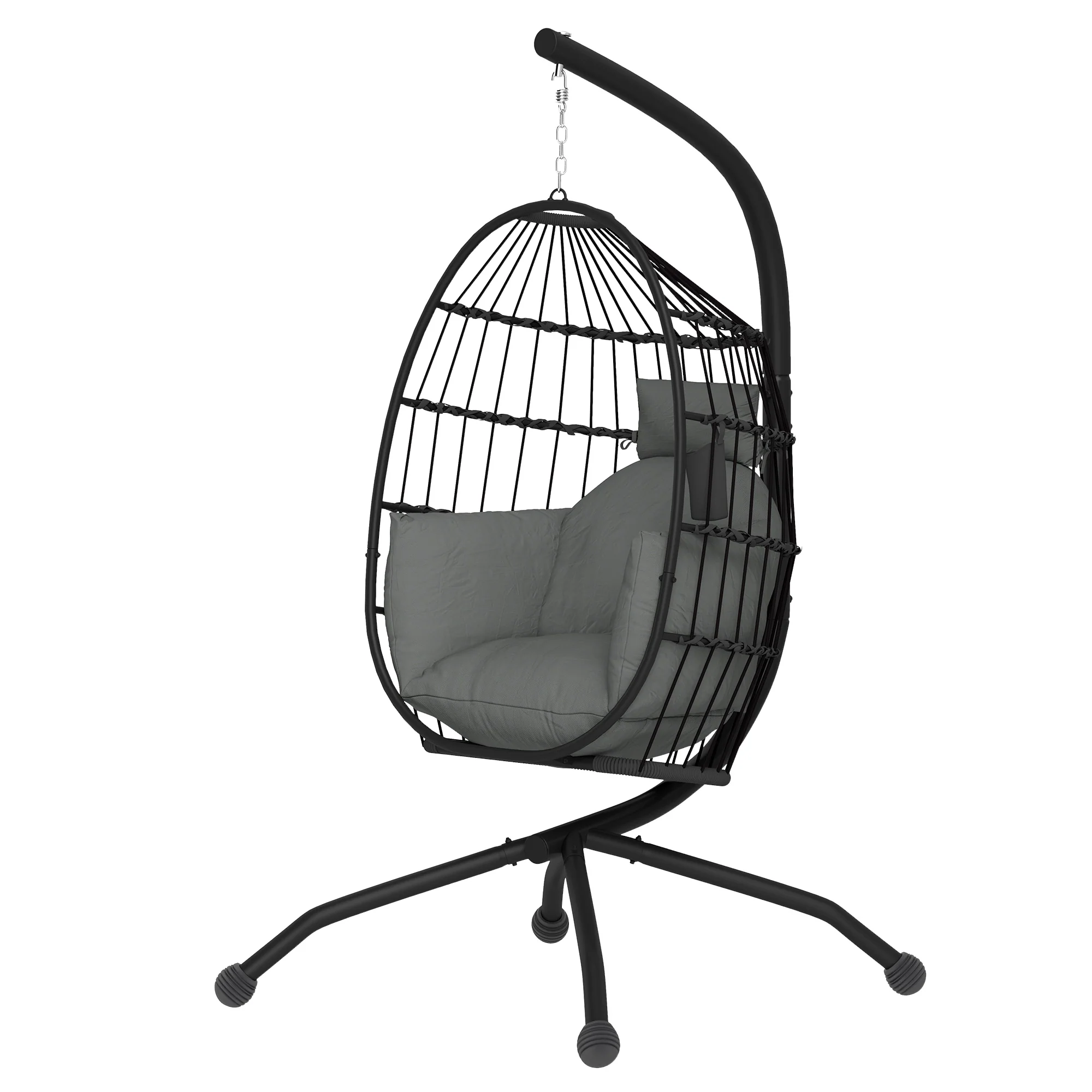 Hanging Egg Chair Outdoor Indoor Garden Swing Chair with Folding Basket and Thickened Cushion, Garden Hanging Chair with Stand, Headrest, Cup Holder for Patio, Balcony, Dark Grey - Image 2