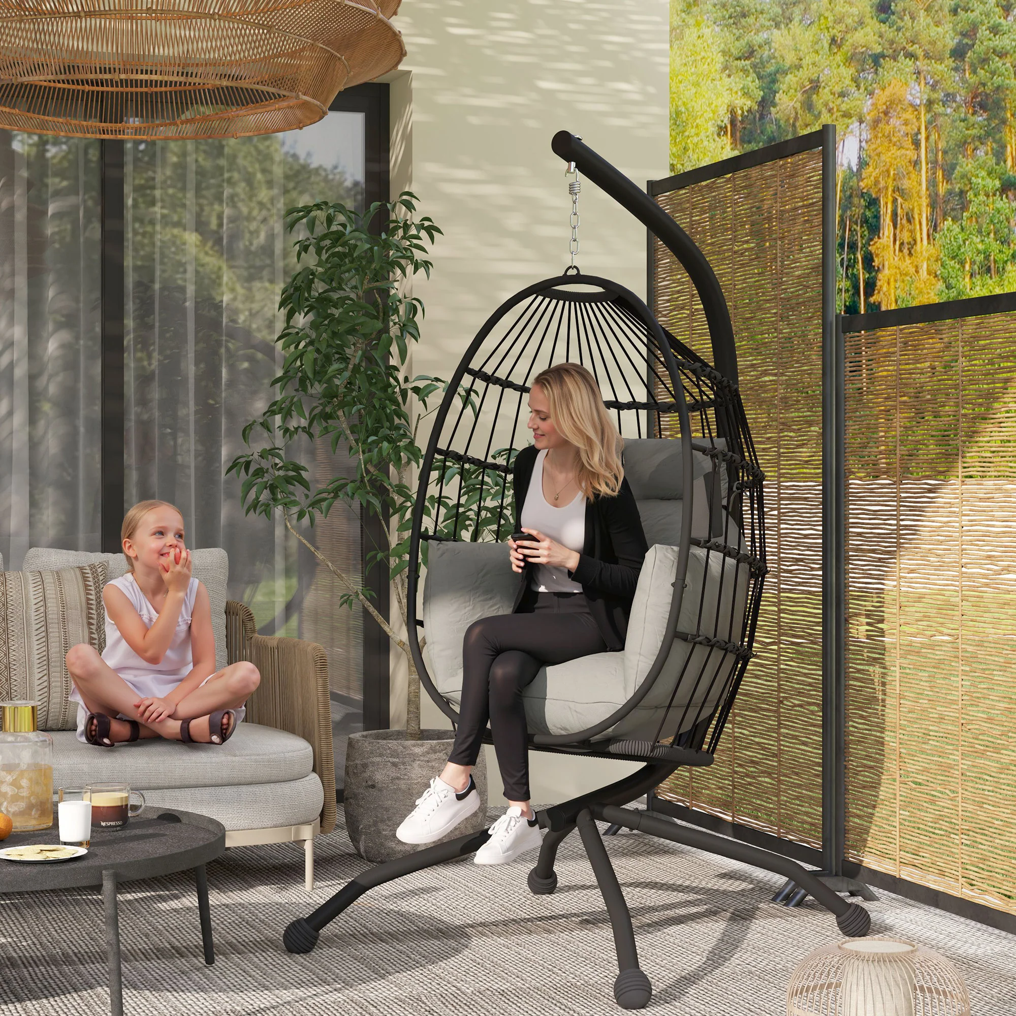 Hanging Egg Chair Outdoor Indoor Garden Swing Chair with Folding Basket and Thickened Cushion, Garden Hanging Chair with Stand, Headrest, Cup Holder for Patio, Balcony, Dark Grey - Image 3