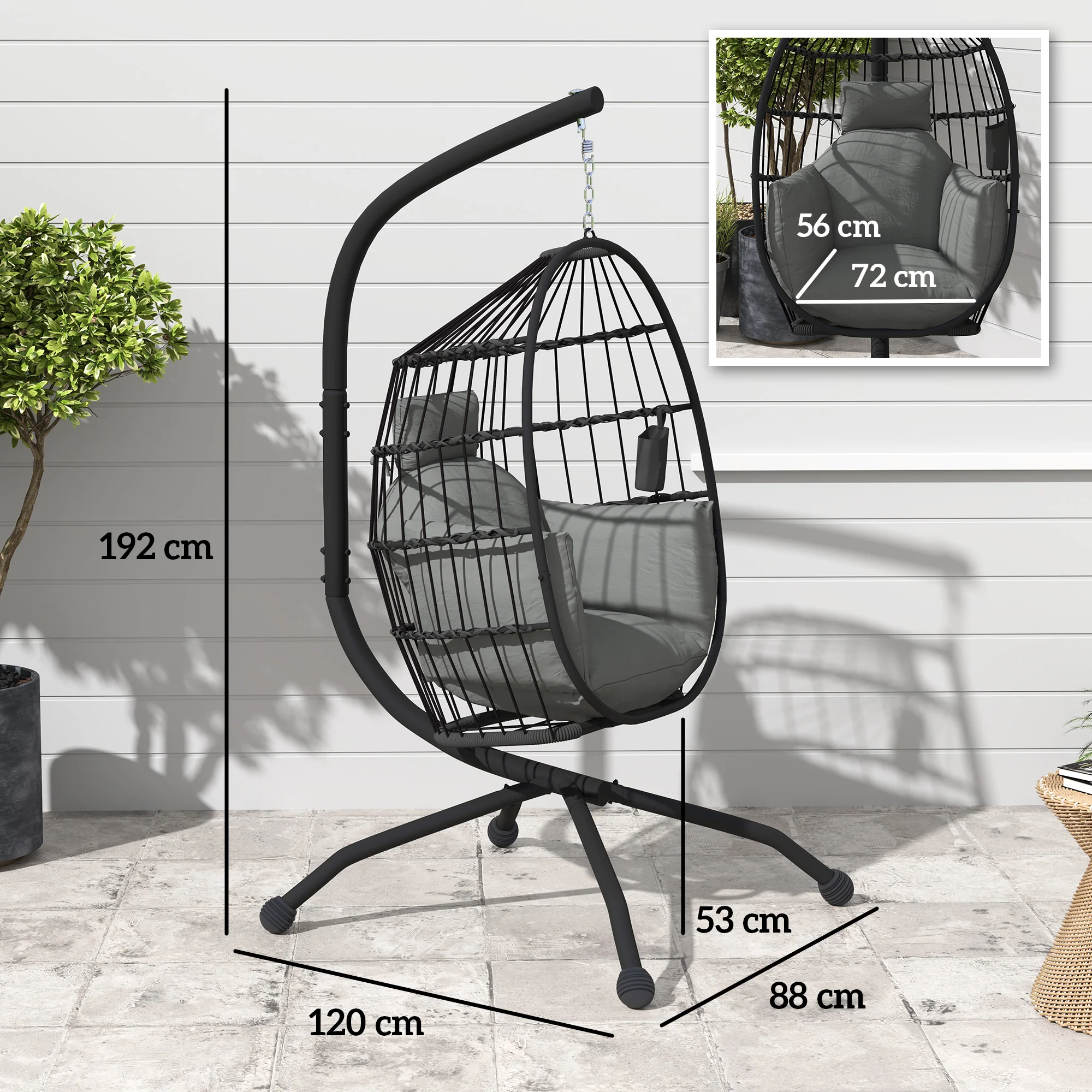 Hanging Egg Chair Outdoor Indoor Garden Swing Chair with Folding Basket and Thickened Cushion, Garden Hanging Chair with Stand, Headrest, Cup Holder for Patio, Balcony, Dark Grey - Image 5
