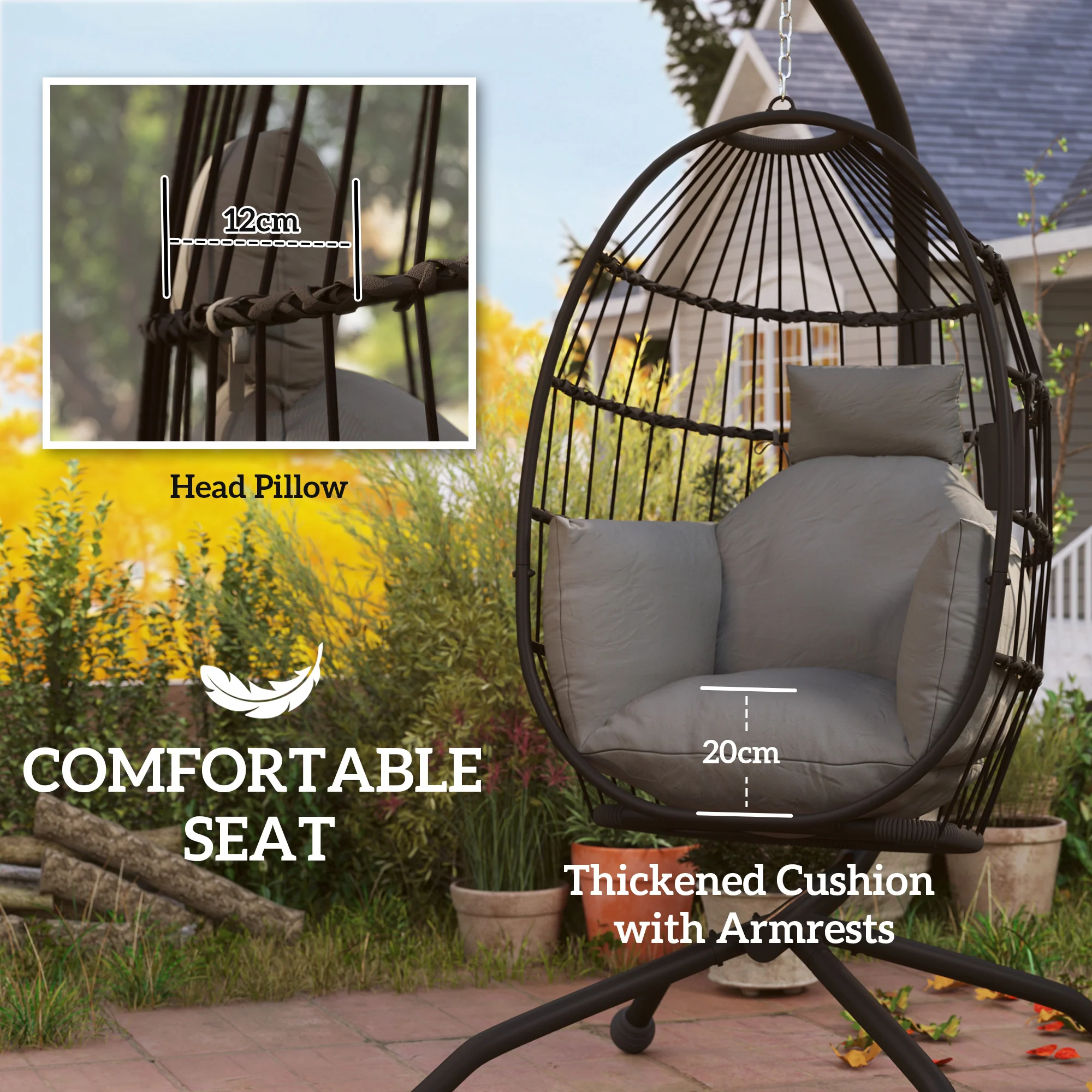 Hanging Egg Chair Outdoor Indoor Garden Swing Chair with Folding Basket and Thickened Cushion, Garden Hanging Chair with Stand, Headrest, Cup Holder for Patio, Balcony, Dark Grey - Image 6