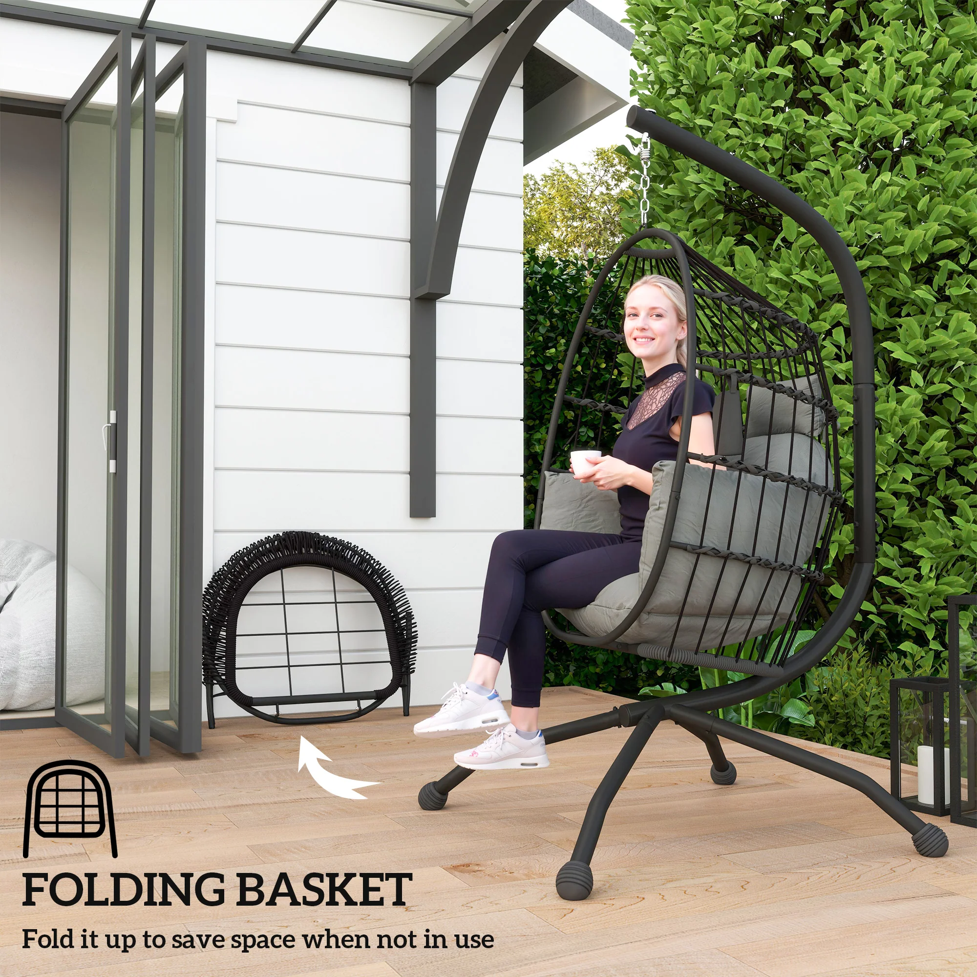 Hanging Egg Chair Outdoor Indoor Garden Swing Chair with Folding Basket and Thickened Cushion, Garden Hanging Chair with Stand, Headrest, Cup Holder for Patio, Balcony, Dark Grey - Image 7