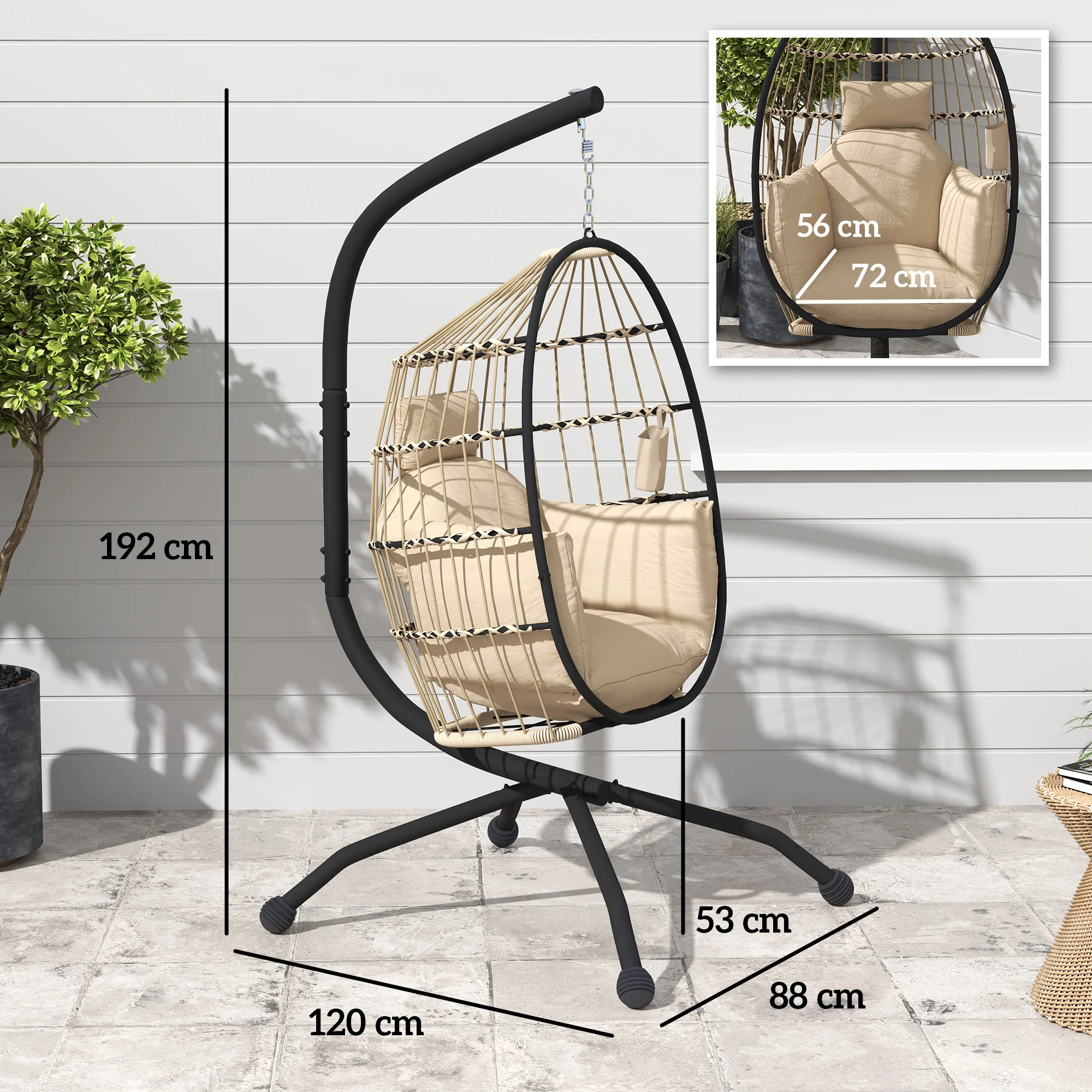 Hanging Egg Chair Outdoor Indoor Garden Swing Chair with Folding Basket and Thickened Cushion, Garden Hanging Chair with Stand, Headrest, Cup Holder for Patio, Balcony, Khaki - Image 5