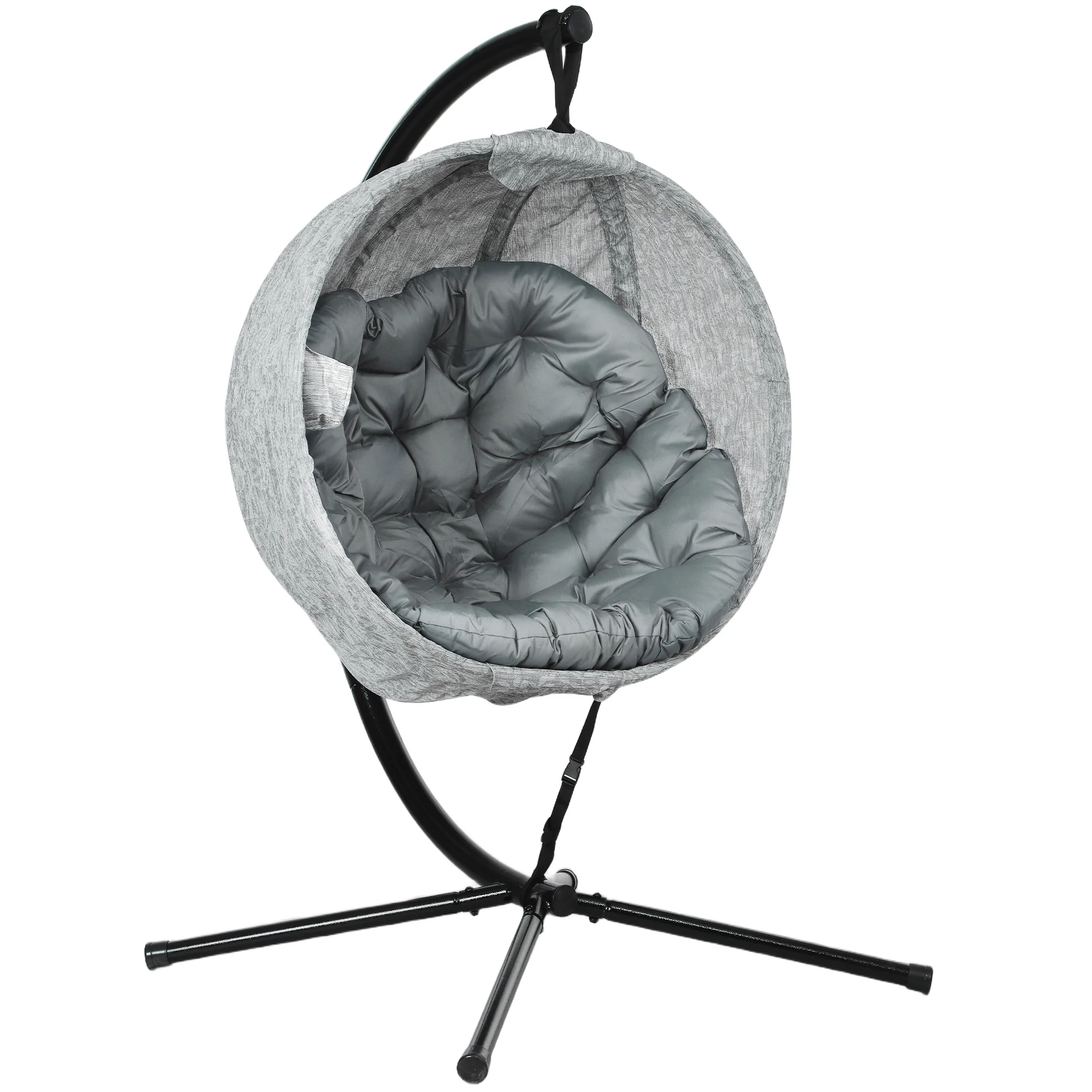 Hanging Egg Chair Outdoor Indoor Garden Swing Chair with Folding Basket, Garden Hanging Chair with Stand, Thickened Cushion, Cup Holder for Patio, Balcony, Grey