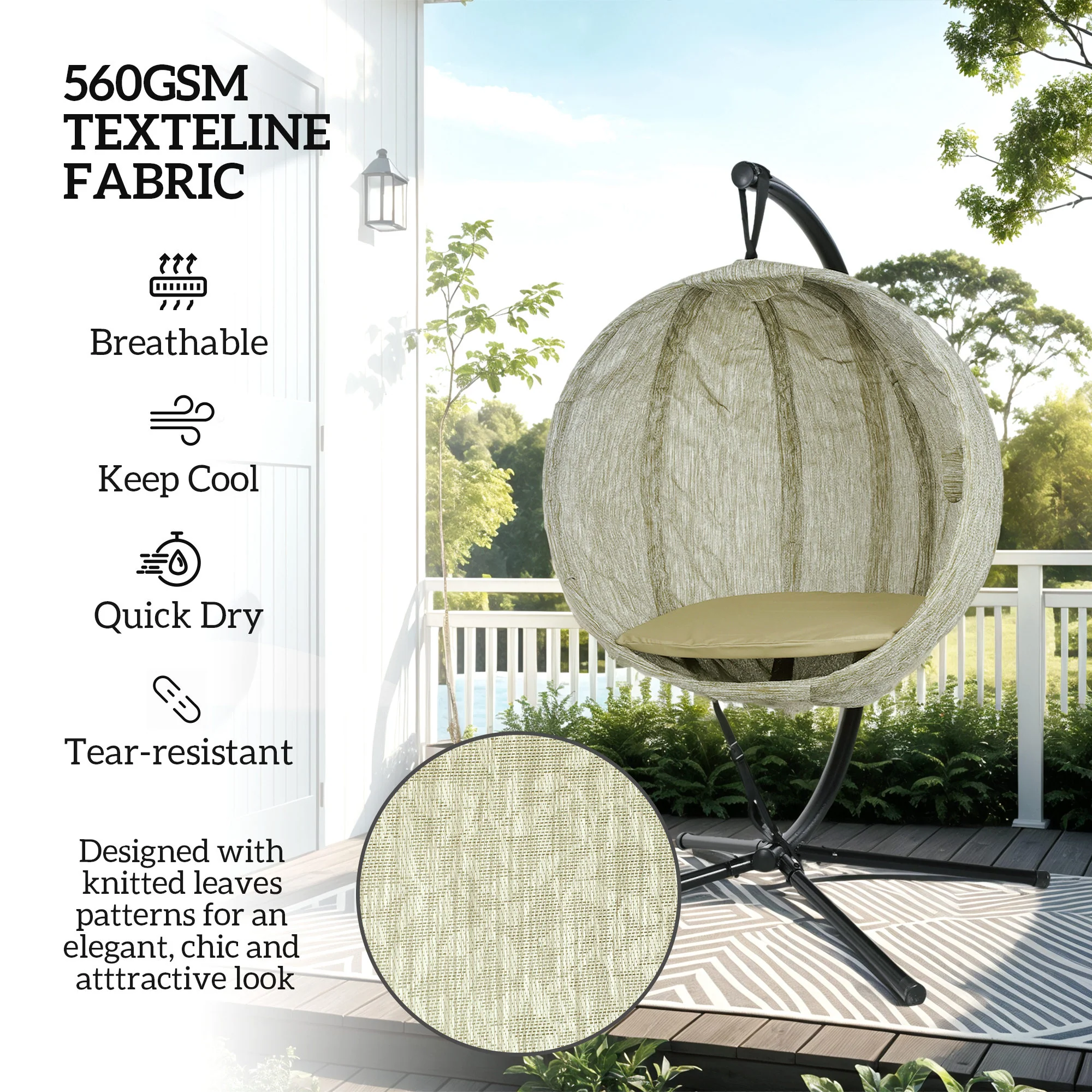 Hanging Egg Chair Outdoor Indoor Garden Swing Chair with Folding Basket, Garden Hanging Chair with Stand, Thickened Cushion, Cup Holder for Patio, Balcony, Khaki - Image 7