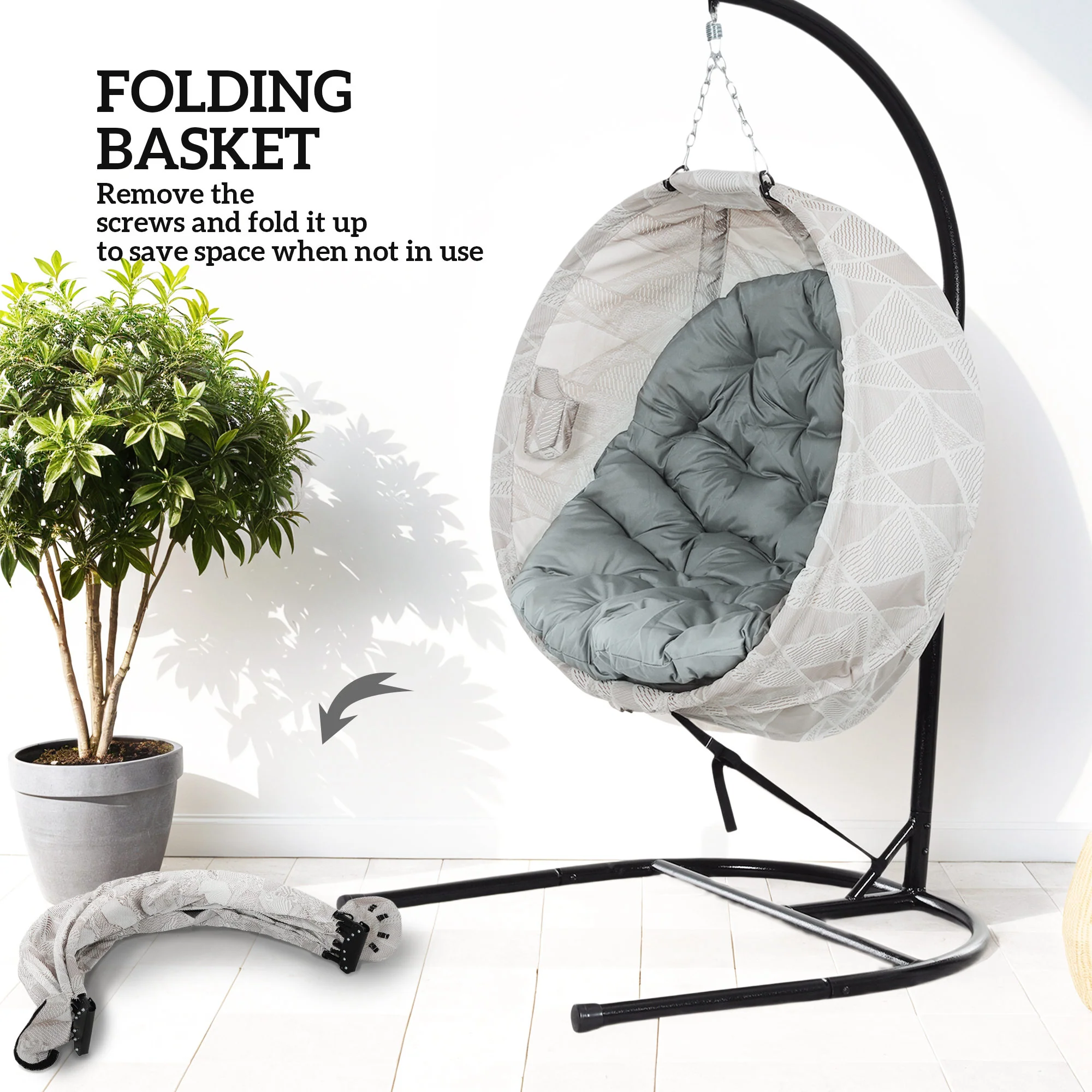 Hanging Egg Chair Outdoor Indoor Garden Swing Chair with Folding Basket, Garden Hanging Chair with Stand, Thickened Cushion, Cup Holder for Patio, Balcony, Grey - Image 8