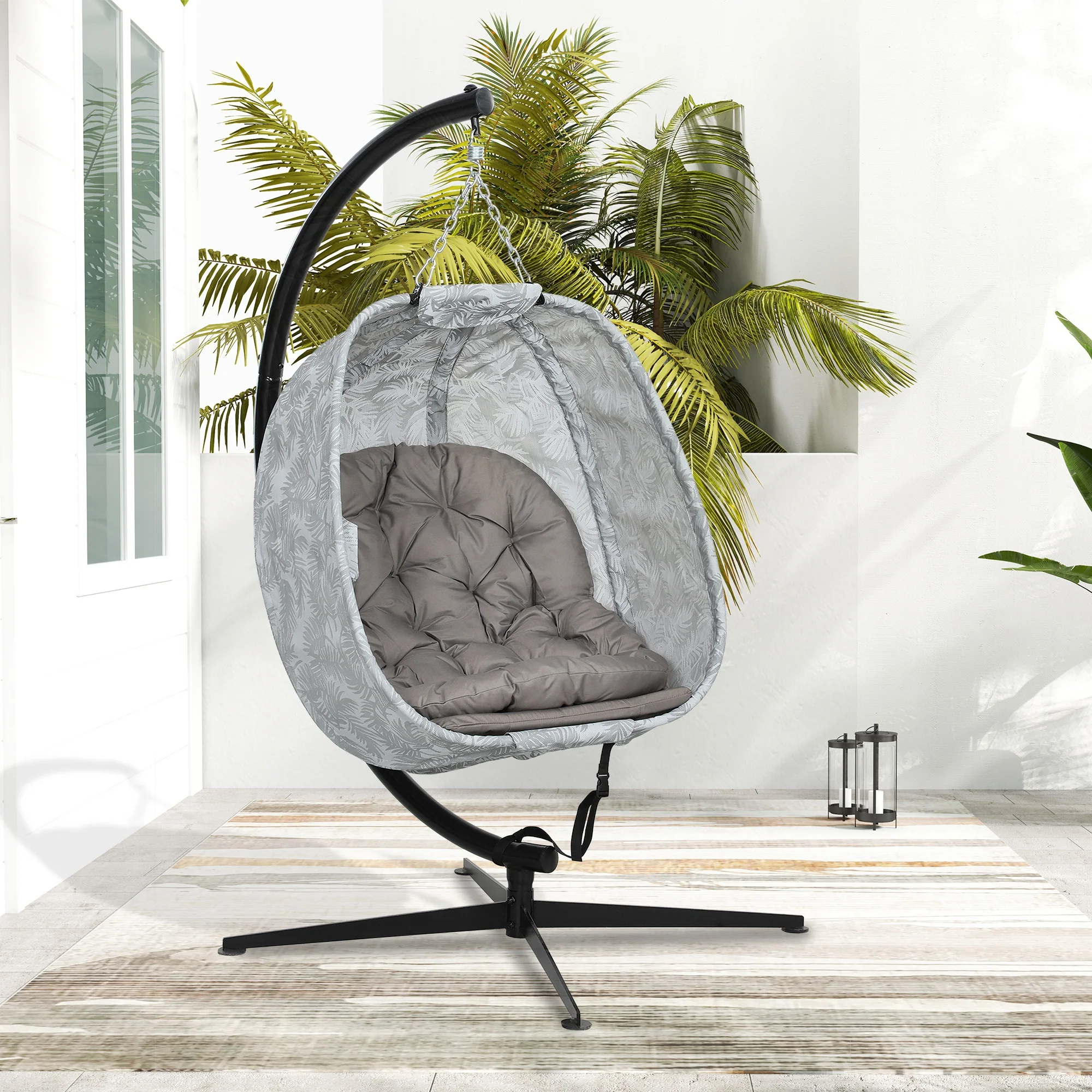 Hanging Egg Chair Outdoor Indoor Garden Swing Chair with Folding Basket, Garden Hanging Chair with Stand, Thickened Cushion, Cup Holder for Patio, Balcony, Sand Brown - Image 11