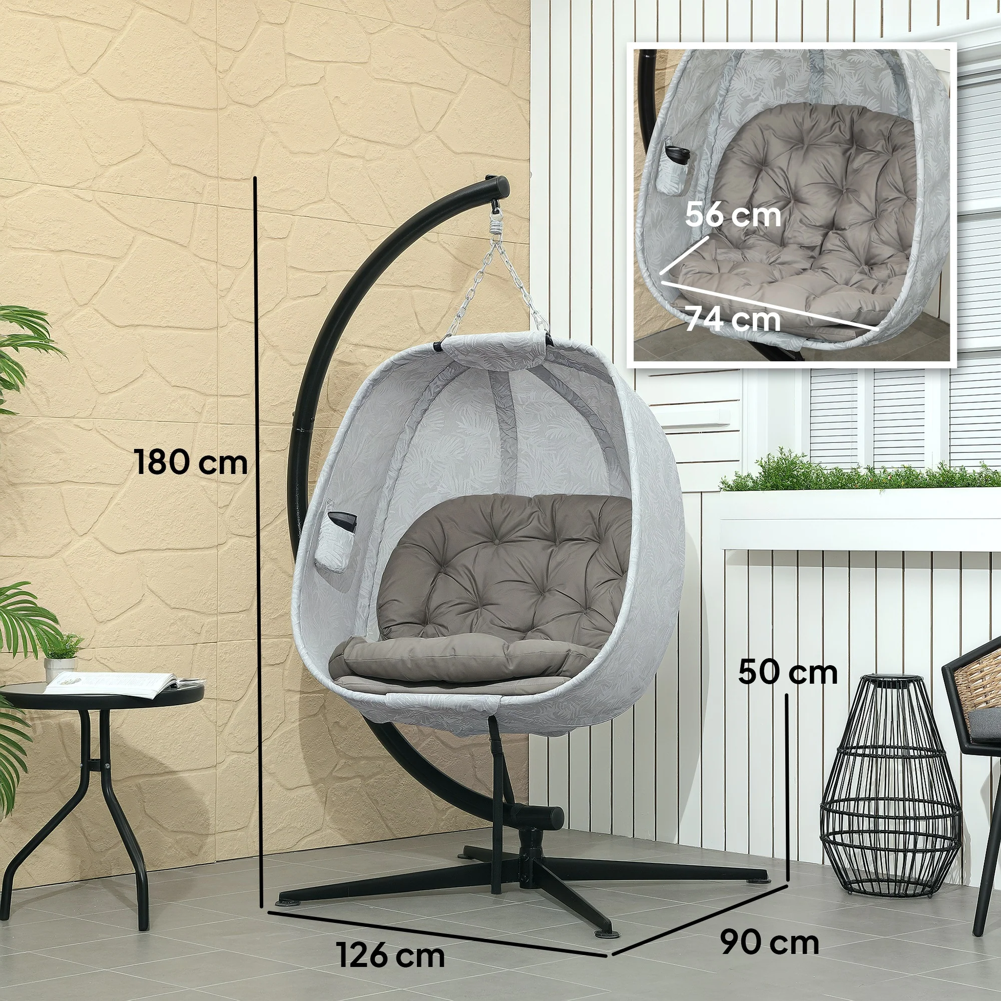 Hanging Egg Chair Outdoor Indoor Garden Swing Chair with Folding Basket, Garden Hanging Chair with Stand, Thickened Cushion, Cup Holder for Patio, Balcony, Sand Brown - Image 5