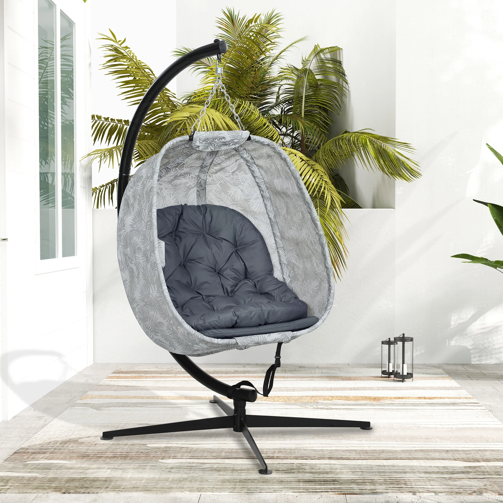 Hanging Egg Chair Outdoor Indoor Garden Swing Chair with Folding Basket, Garden Hanging Chair with Stand, Thickened Cushion, Cup Holder for Patio, Balcony, Grey - Image 11