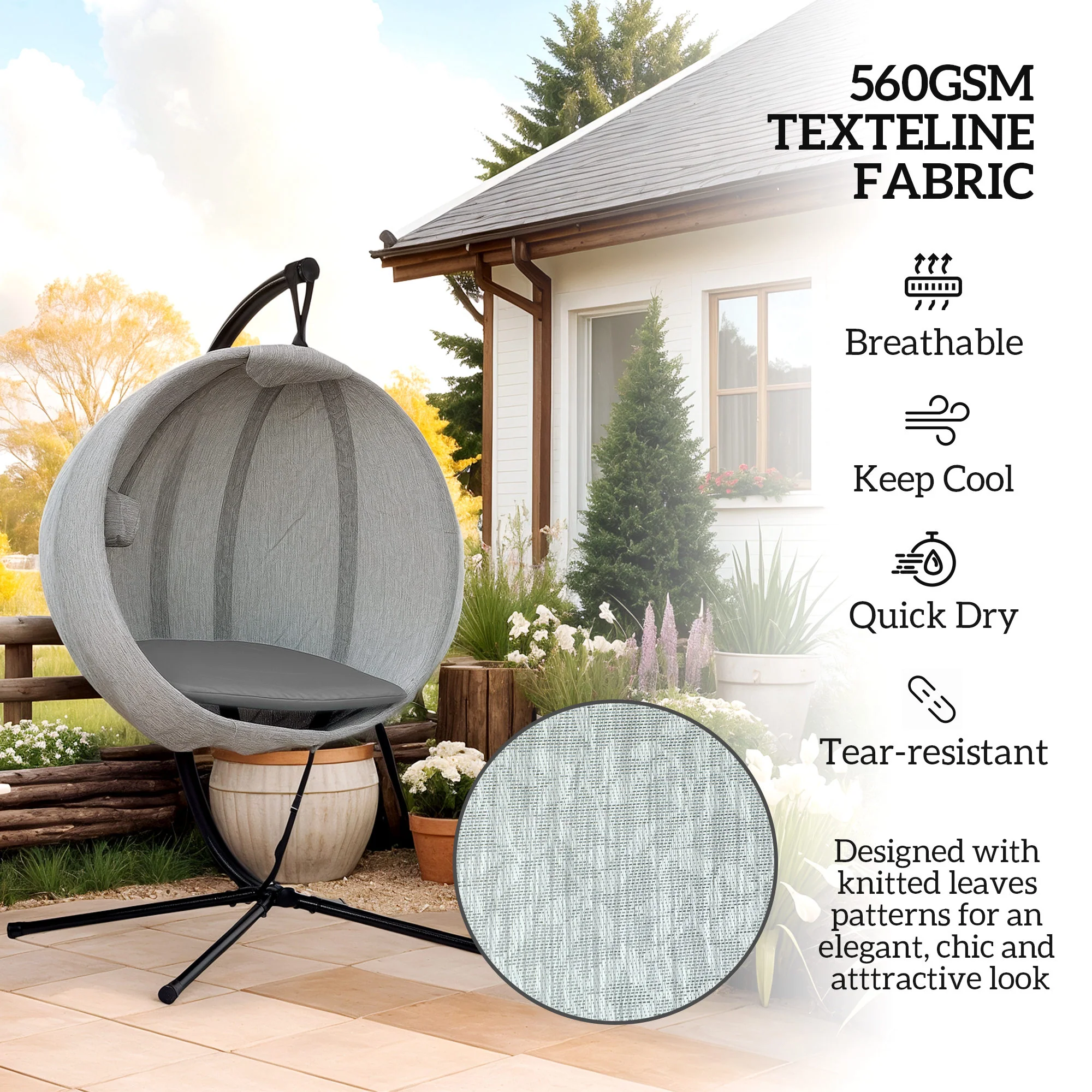Hanging Egg Chair Outdoor Indoor Garden Swing Chair with Folding Basket, Garden Hanging Chair with Stand, Thickened Cushion, Cup Holder for Patio, Balcony, Grey - Image 7