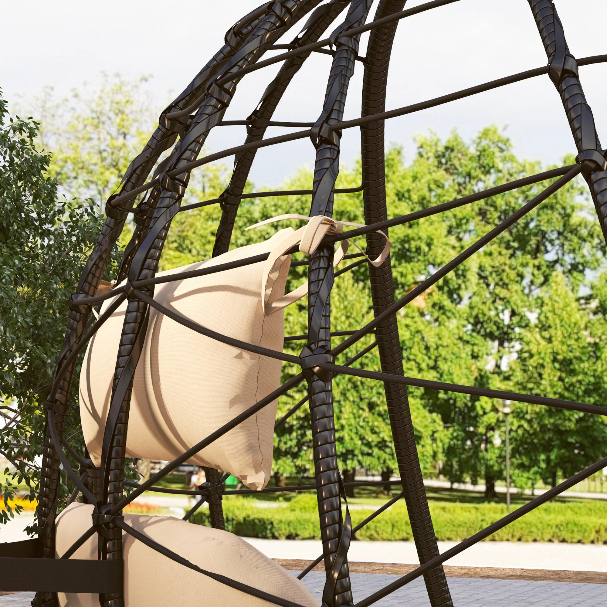 Hanging Egg Chair Outdoor Indoor Garden Swing Chair with Folding Basket, Thickened Cushion, Garden Hanging Chair with Stand, Headrest for Patio, Balcony, Khaki - Image 11