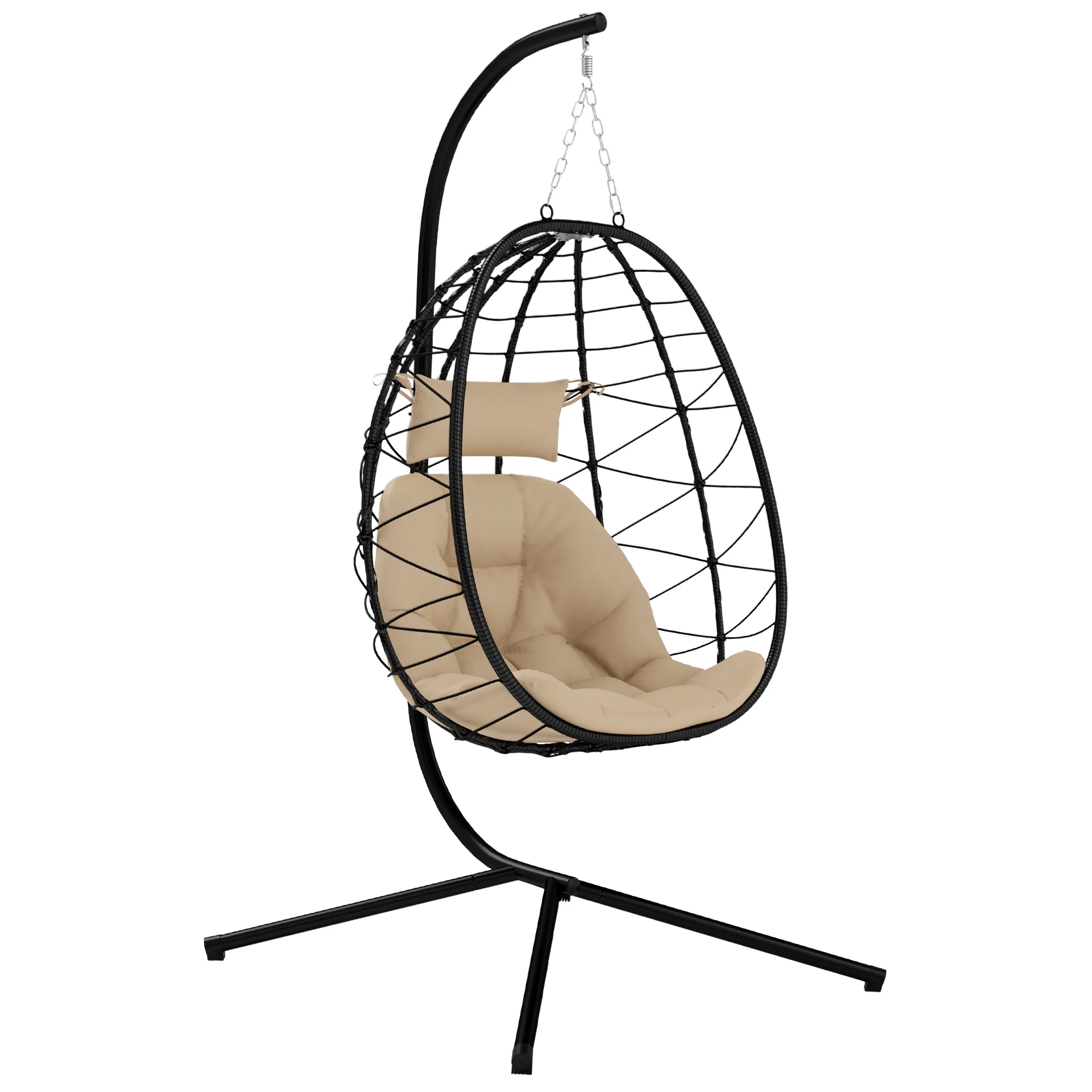 Hanging Egg Chair Outdoor Indoor Garden Swing Chair with Folding Basket, Thickened Cushion, Garden Hanging Chair with Stand, Headrest for Patio, Balcony, Khaki - Image 12