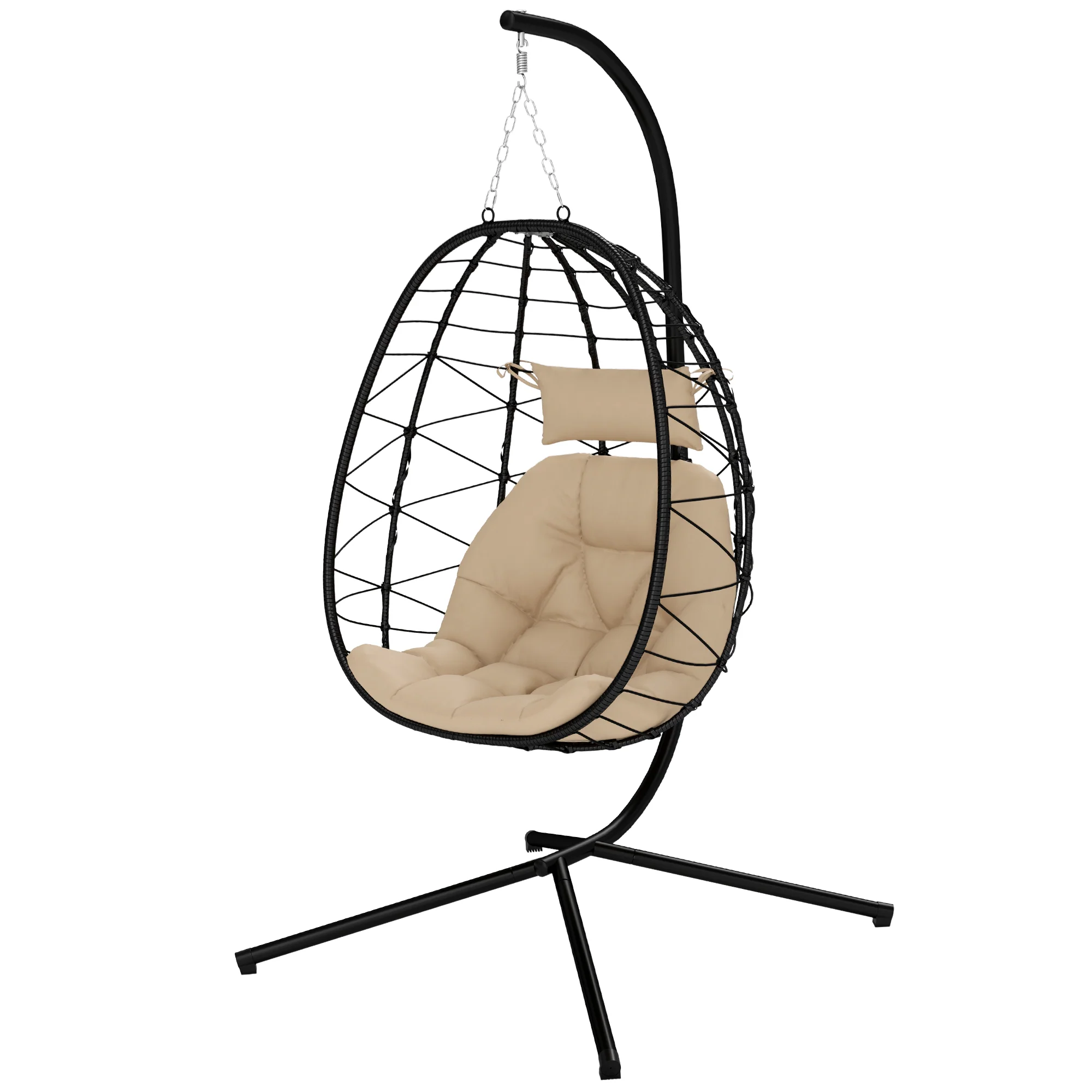 Hanging Egg Chair Outdoor Indoor Garden Swing Chair with Folding Basket, Thickened Cushion, Garden Hanging Chair with Stand, Headrest for Patio, Balcony, Khaki - Image 2