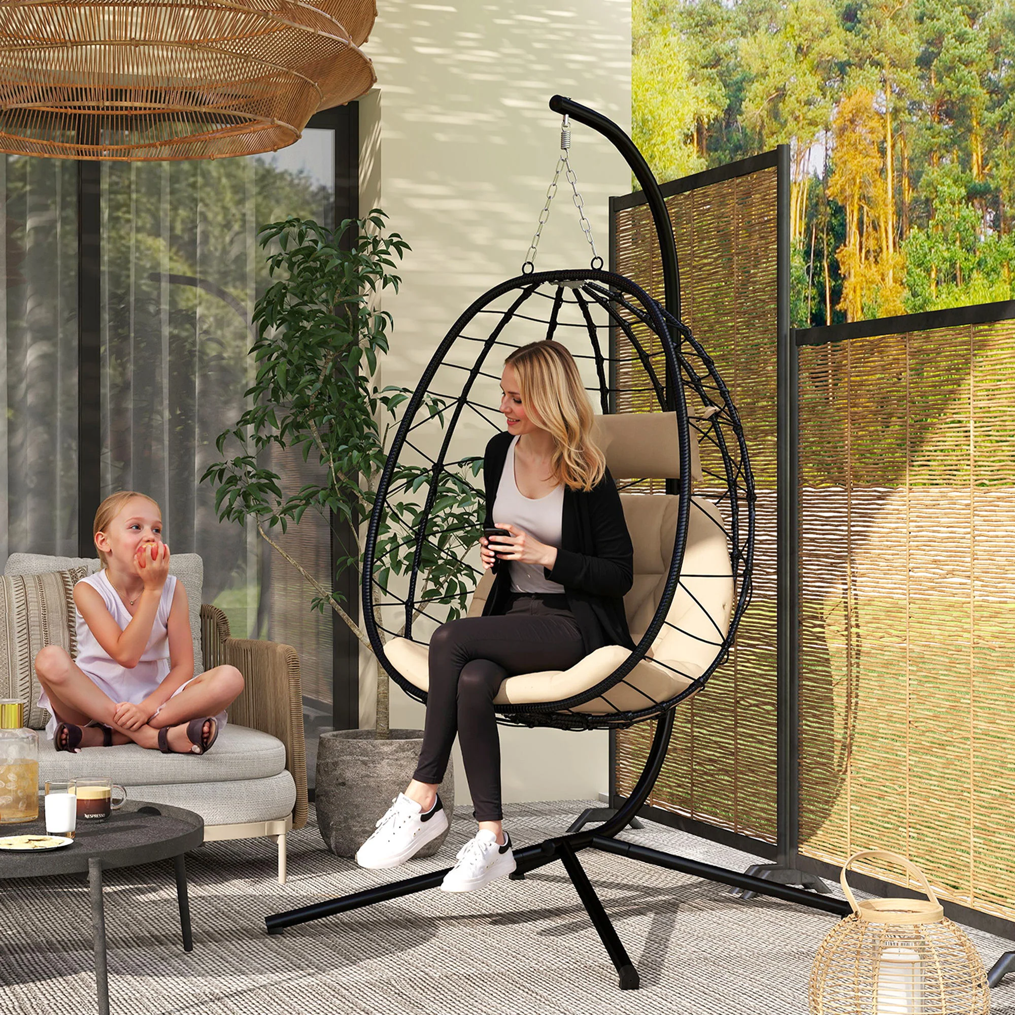 Hanging Egg Chair Outdoor Indoor Garden Swing Chair with Folding Basket, Thickened Cushion, Garden Hanging Chair with Stand, Headrest for Patio, Balcony, Khaki - Image 3
