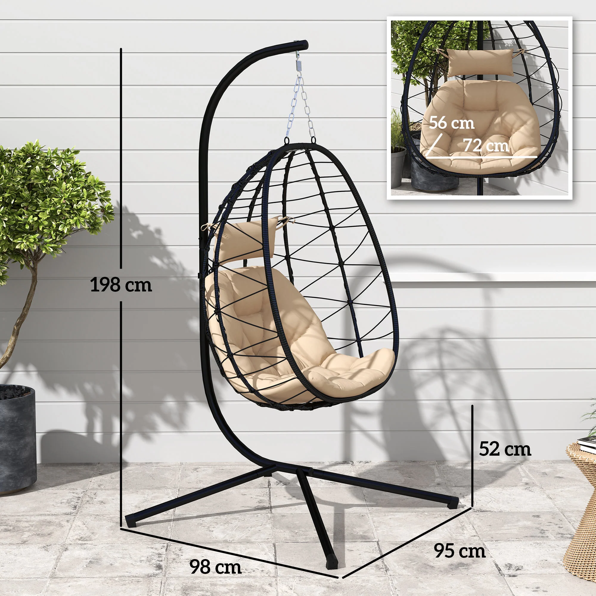 Hanging Egg Chair Outdoor Indoor Garden Swing Chair with Folding Basket, Thickened Cushion, Garden Hanging Chair with Stand, Headrest for Patio, Balcony, Khaki - Image 5