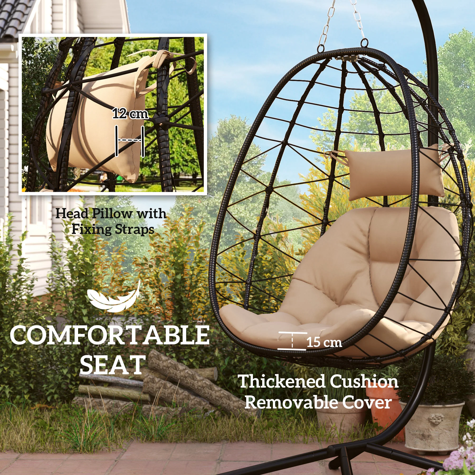Hanging Egg Chair Outdoor Indoor Garden Swing Chair with Folding Basket, Thickened Cushion, Garden Hanging Chair with Stand, Headrest for Patio, Balcony, Khaki - Image 6