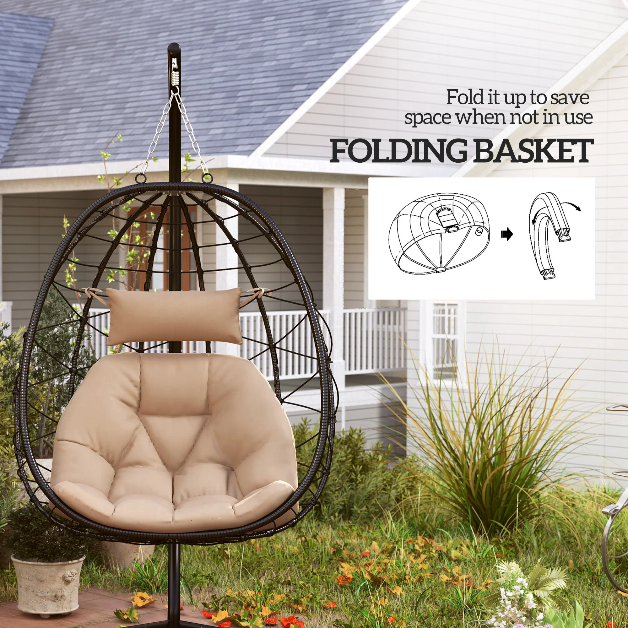 Hanging Egg Chair Outdoor Indoor Garden Swing Chair with Folding Basket, Thickened Cushion, Garden Hanging Chair with Stand, Headrest for Patio, Balcony, Khaki - Image 7