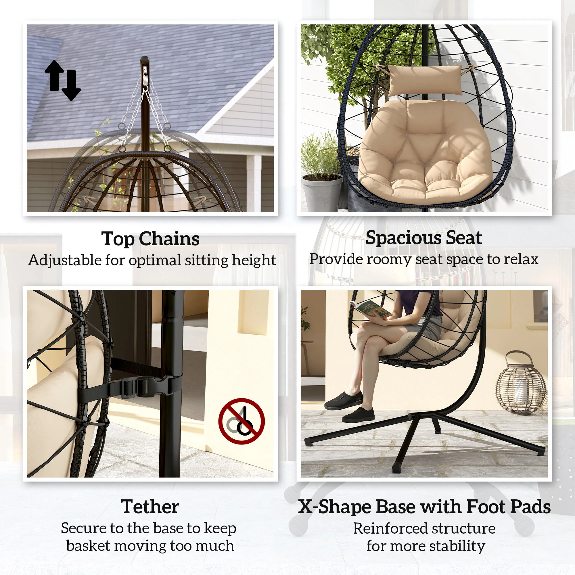 Hanging Egg Chair Outdoor Indoor Garden Swing Chair with Folding Basket, Thickened Cushion, Garden Hanging Chair with Stand, Headrest for Patio, Balcony, Khaki - Image 9