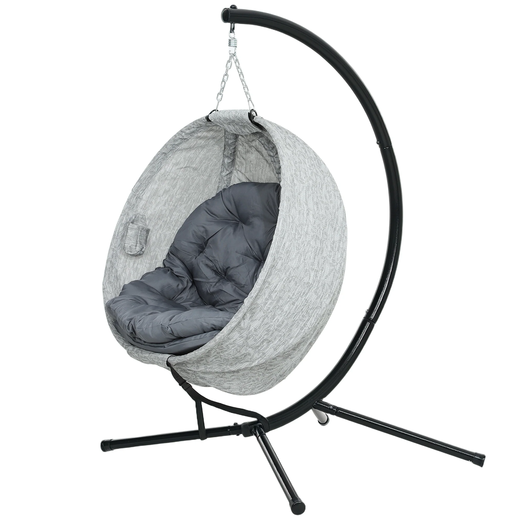 Outdoor Indoor Hanging Swing Egg Chair with Folding Basket, Stand & Cushions, Grey - Image 2