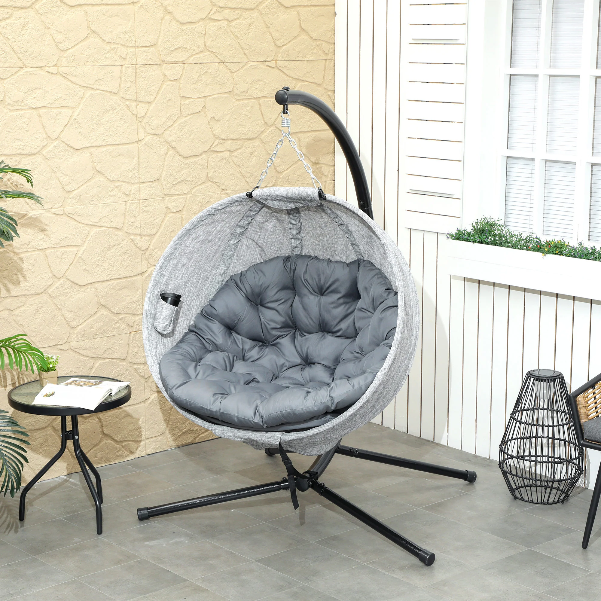 Outdoor Indoor Hanging Swing Egg Chair with Folding Basket, Stand & Cushions, Grey - Image 3