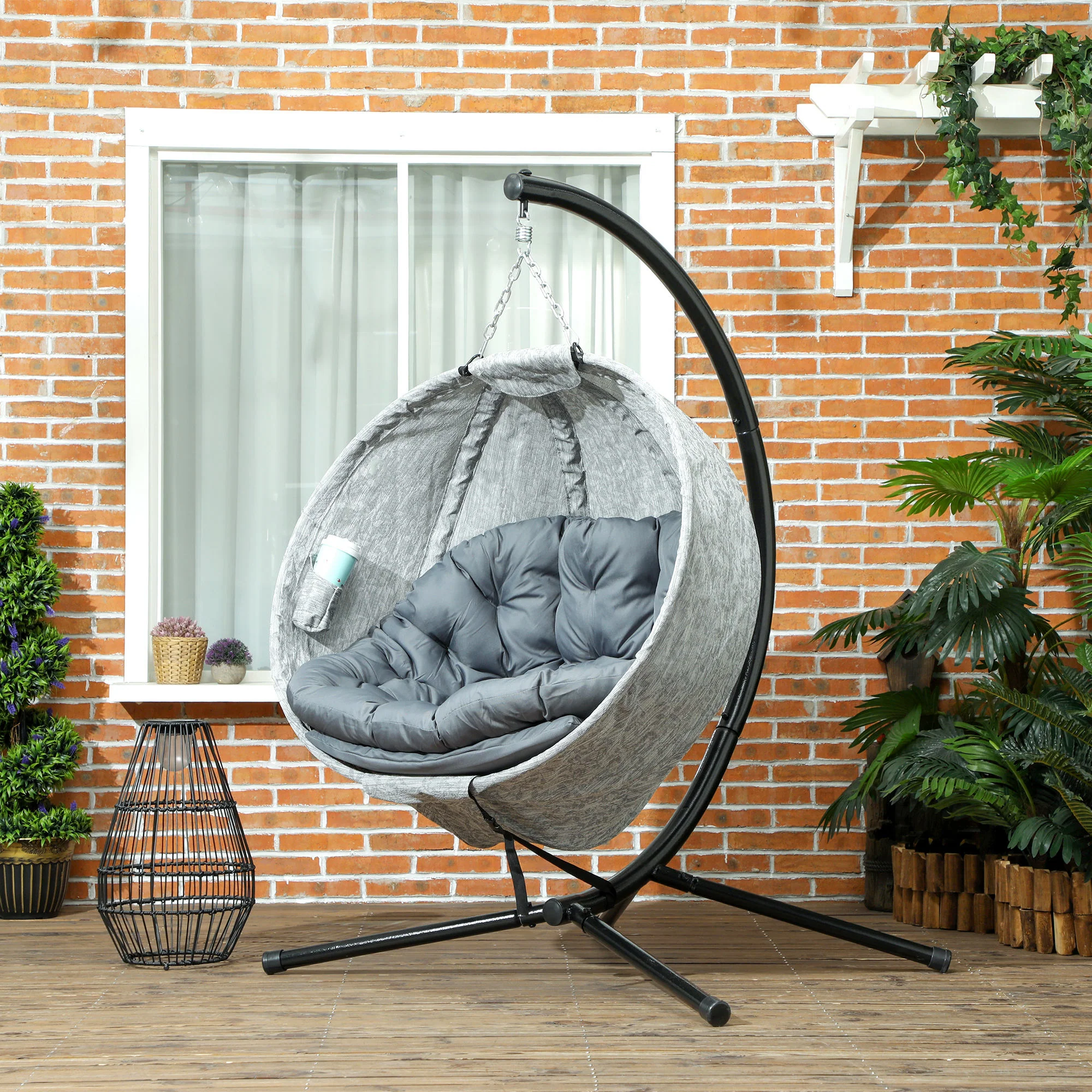 Outdoor Indoor Hanging Swing Egg Chair with Folding Basket, Stand & Cushions, Grey - Image 4