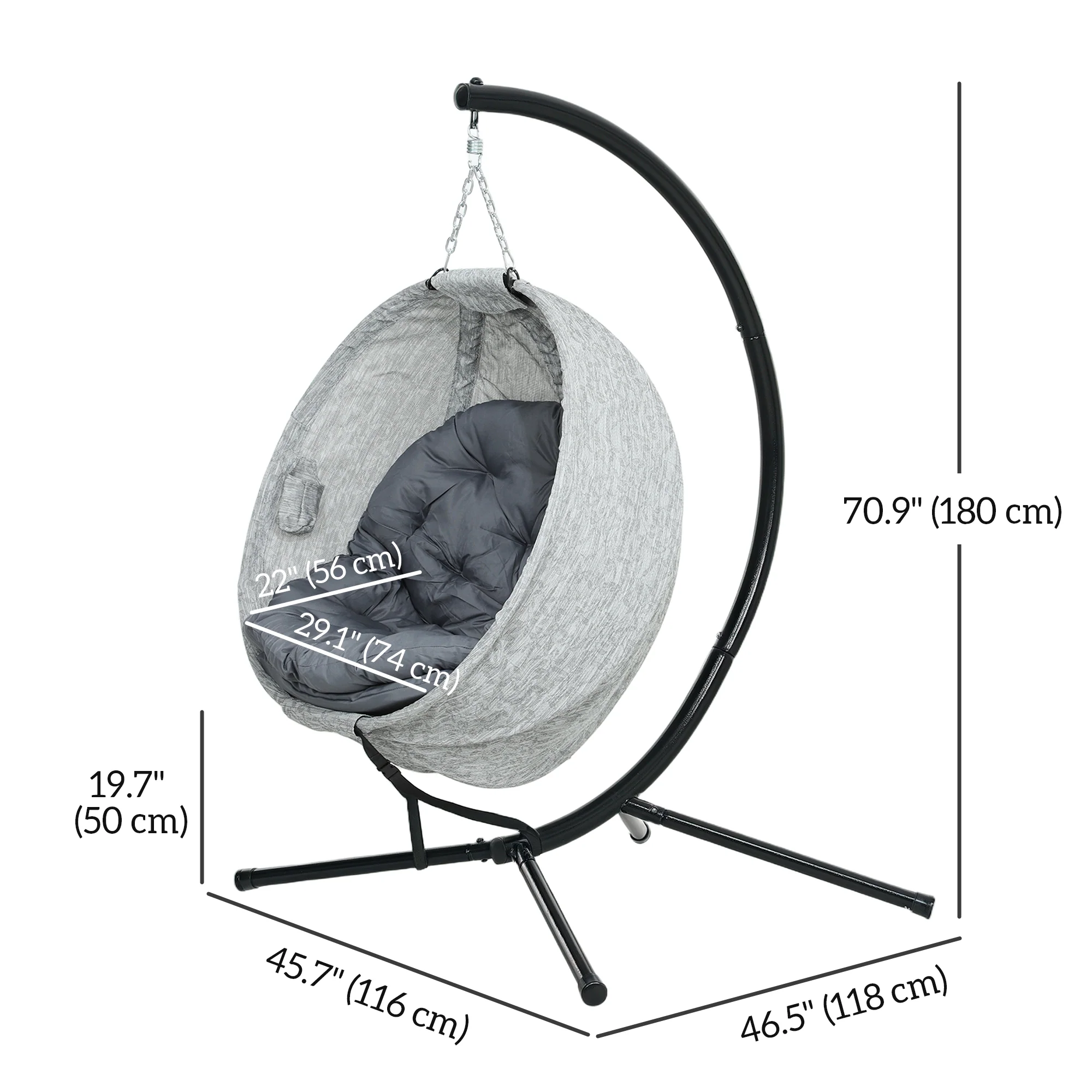Outdoor Indoor Hanging Swing Egg Chair with Folding Basket, Stand & Cushions, Grey - Image 5