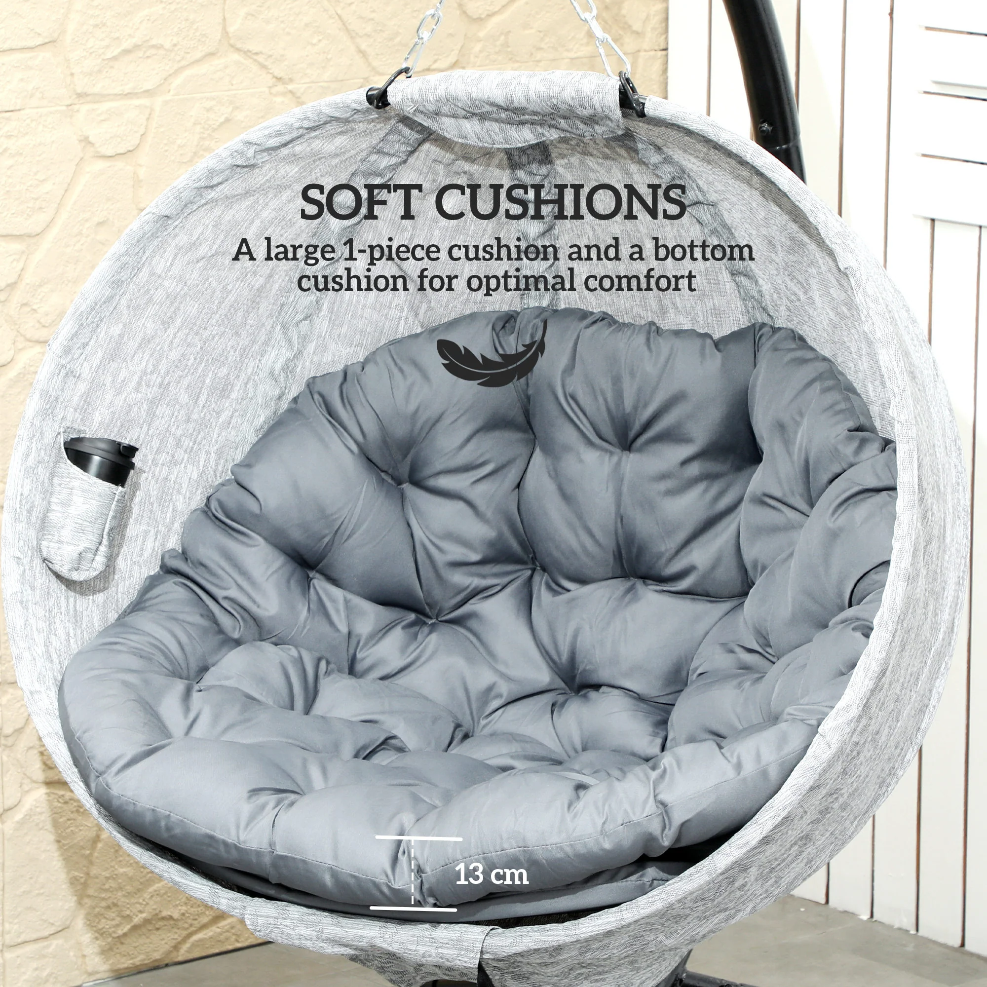 Outdoor Indoor Hanging Swing Egg Chair with Folding Basket, Stand & Cushions, Grey - Image 6