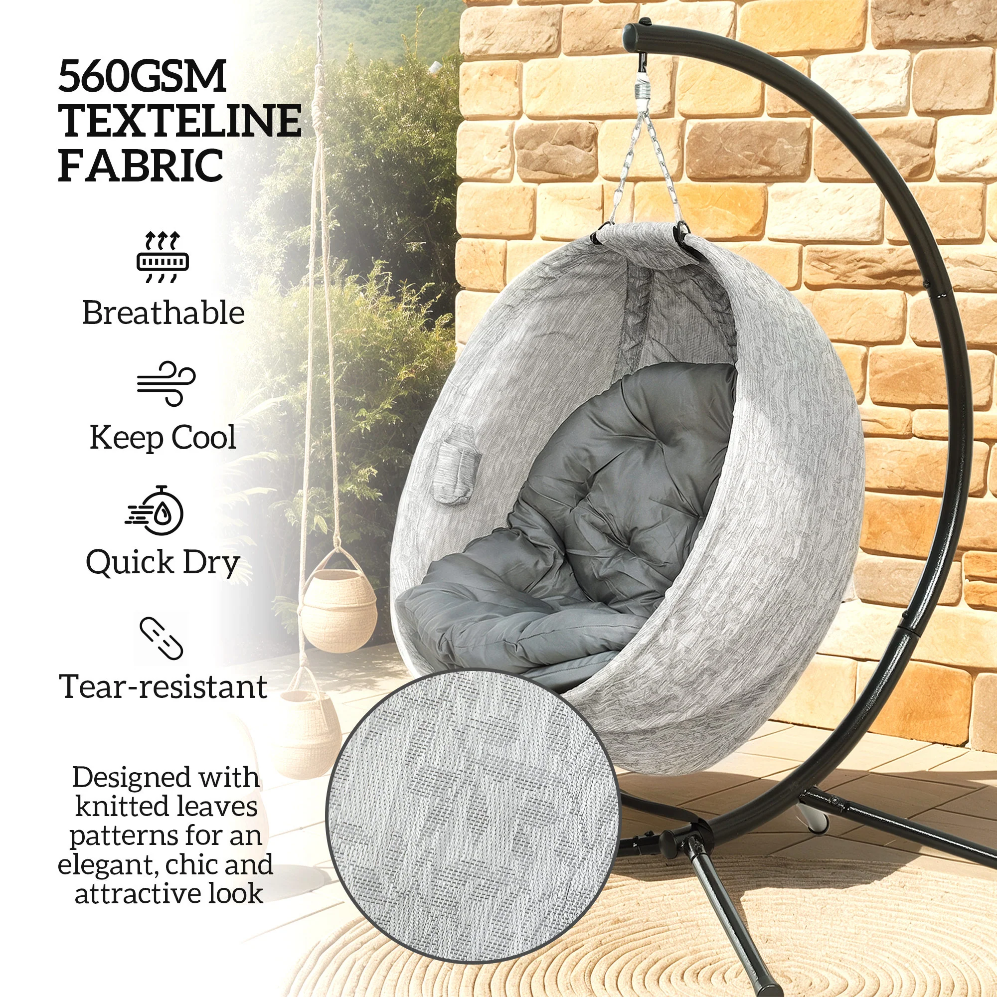 Outdoor Indoor Hanging Swing Egg Chair with Folding Basket, Stand & Cushions, Grey - Image 7