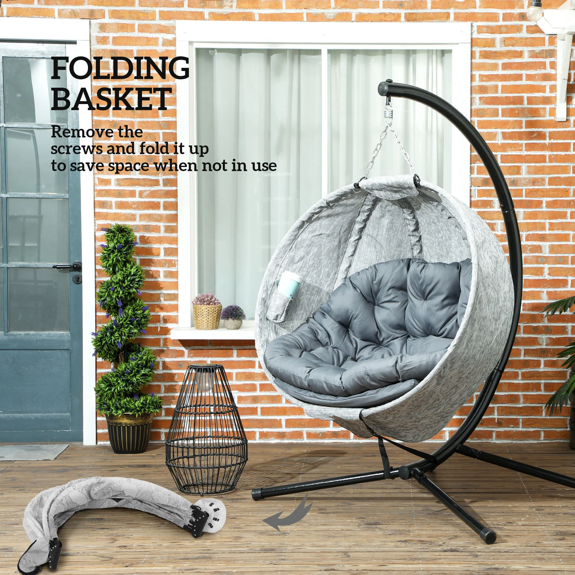 Outdoor Indoor Hanging Swing Egg Chair with Folding Basket, Stand & Cushions, Grey - Image 8