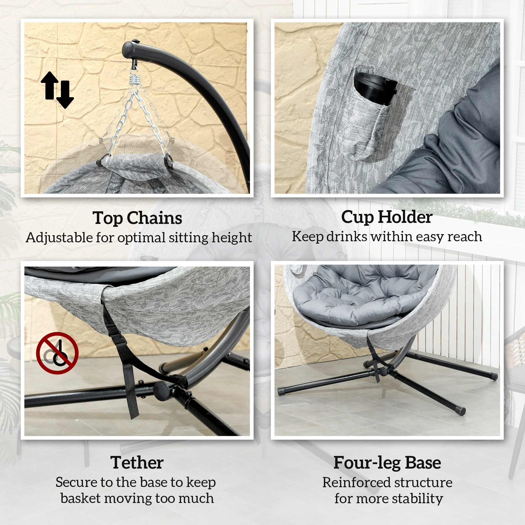 Outdoor Indoor Hanging Swing Egg Chair with Folding Basket, Stand & Cushions, Grey - Image 9