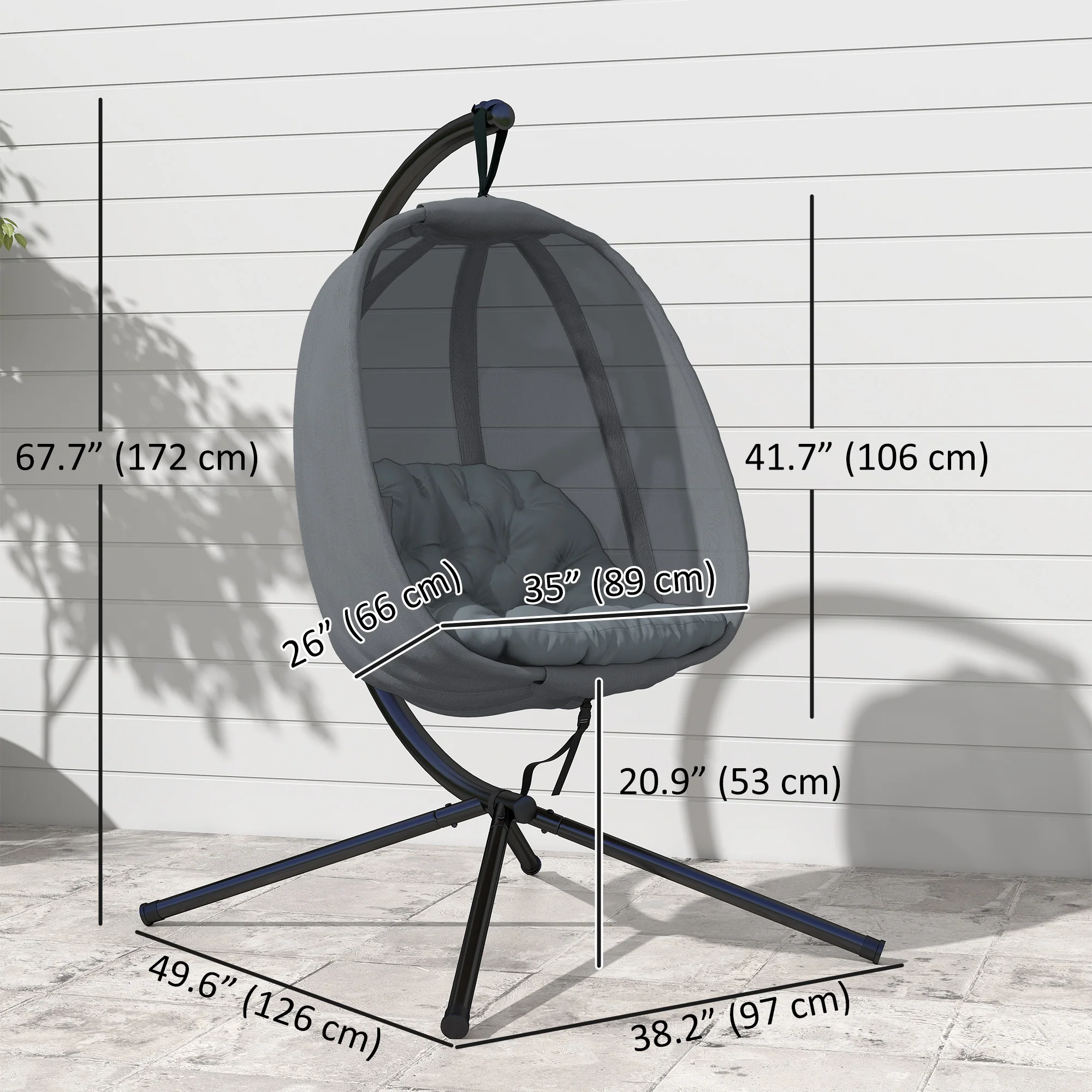 Hanging Egg Chair, Outdoor Indoor Swing Chair with Stand, Folding Basket and Thickened Cushion for Patio, Garden, Balcony, Grey - Image 5