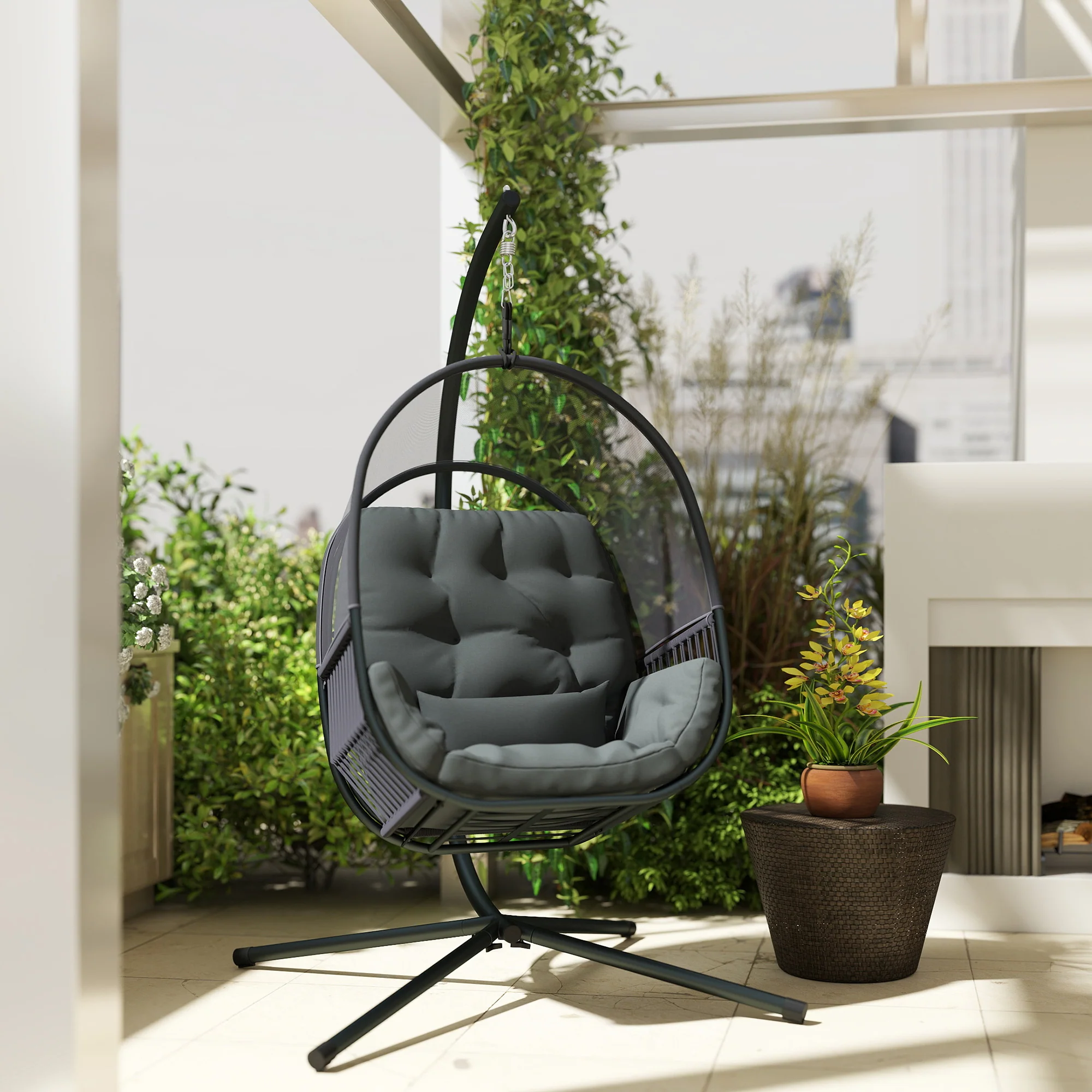 Hanging Egg Chair with Stand, Cushions & Lumbar Pillow, Dark Grey - Image 11