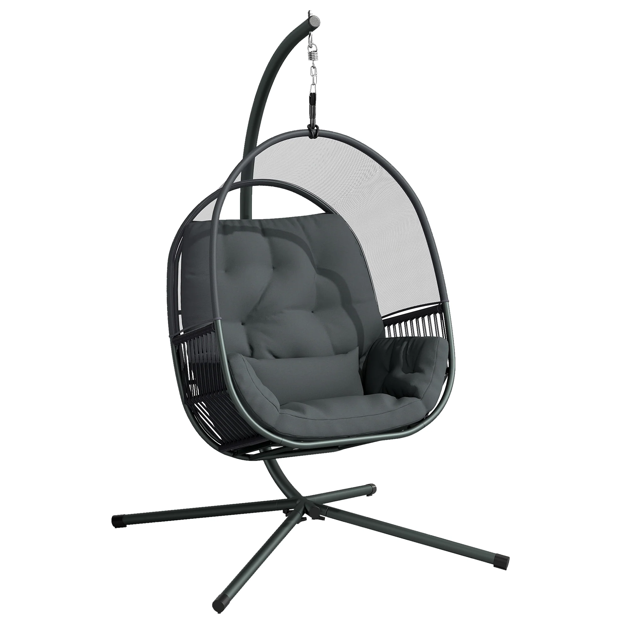 Hanging Egg Chair with Stand, Cushions & Lumbar Pillow, Dark Grey - Image 12