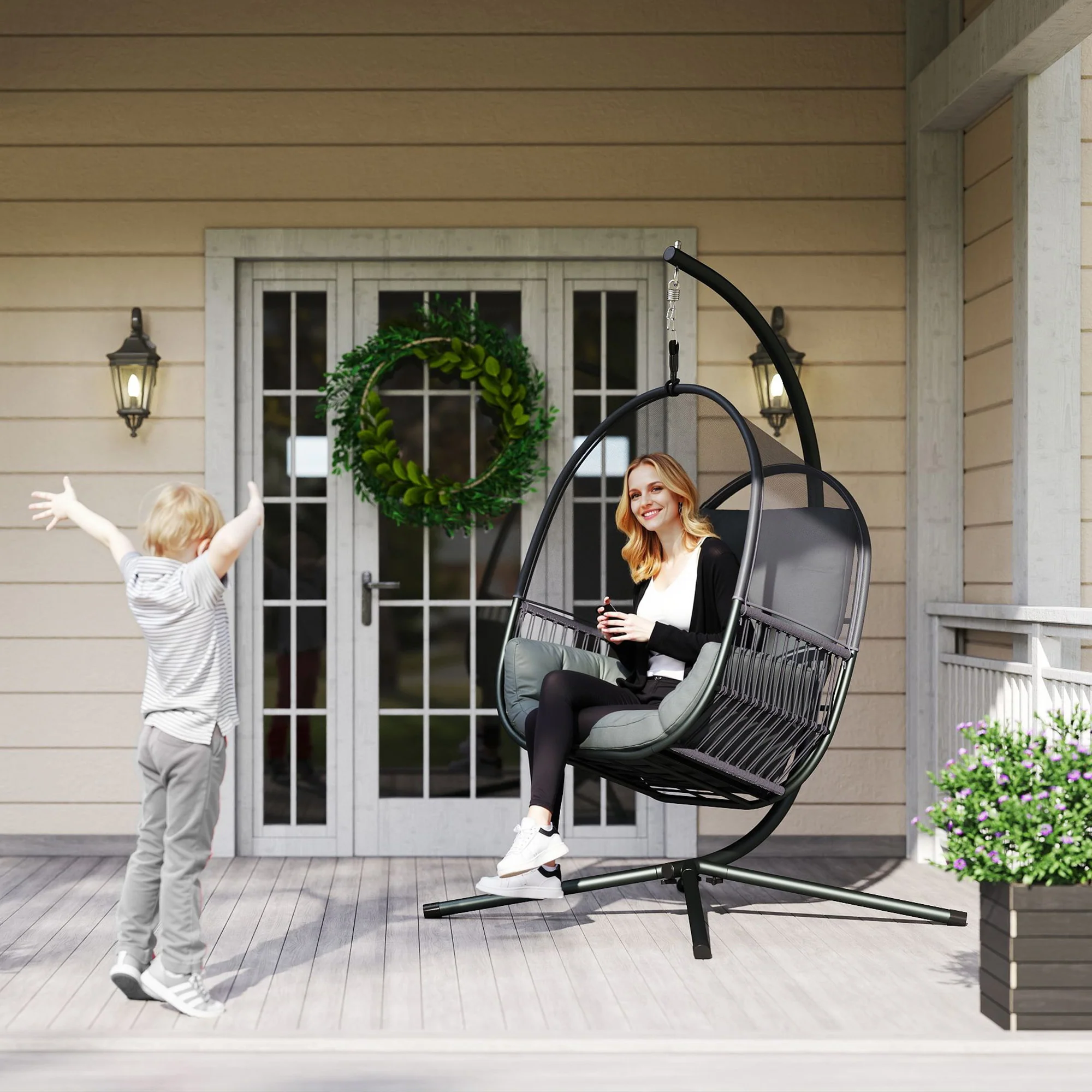 Hanging Egg Chair with Stand, Cushions & Lumbar Pillow, Dark Grey - Image 4